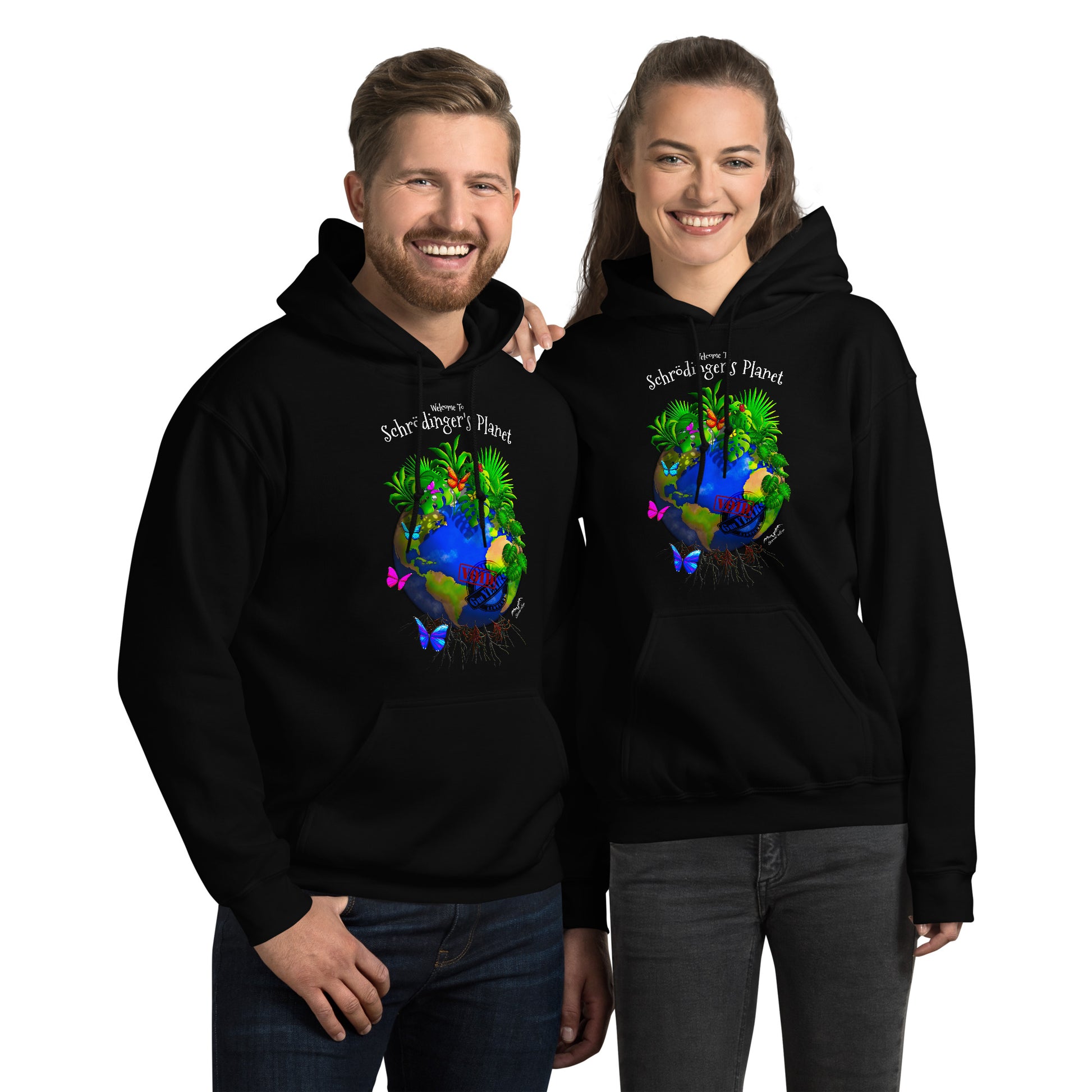 shrodinger's planet climate change hoodie by stormseye design, black, modelled view