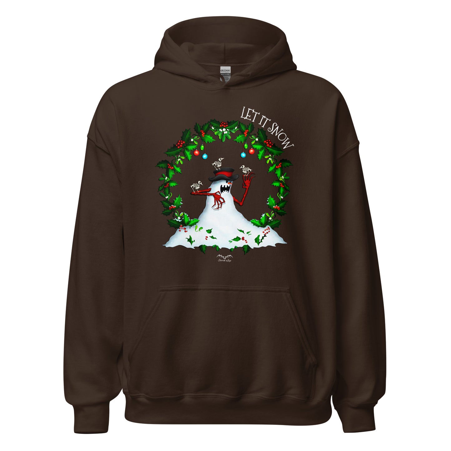 stormseye design evil snowman christmas hoodie flat view brown