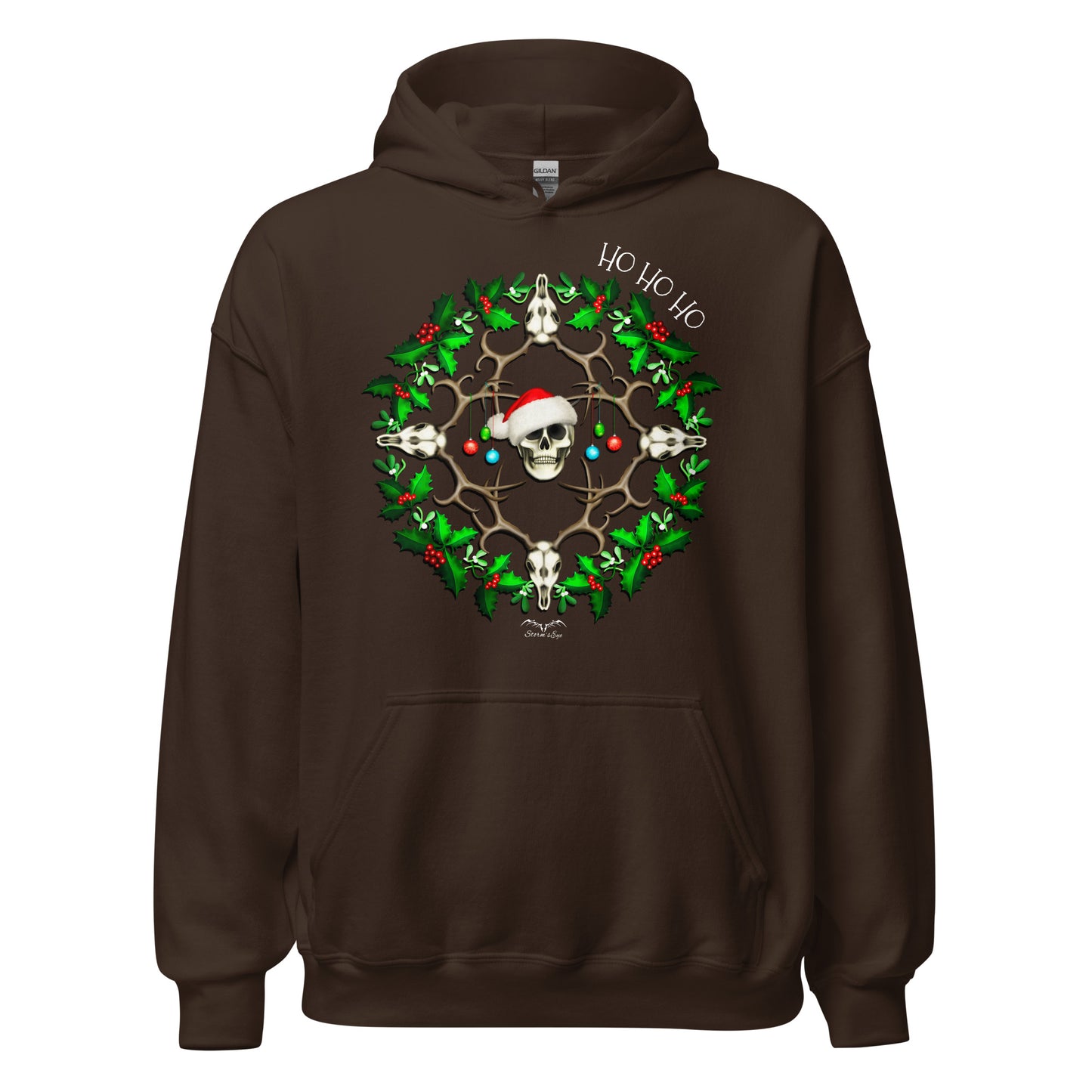 stormseye design festive skulls christmas hoodie flat view brown