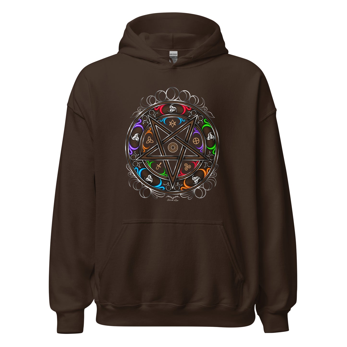 stormseye design witchy occult wheel colour hoodie flat view brown