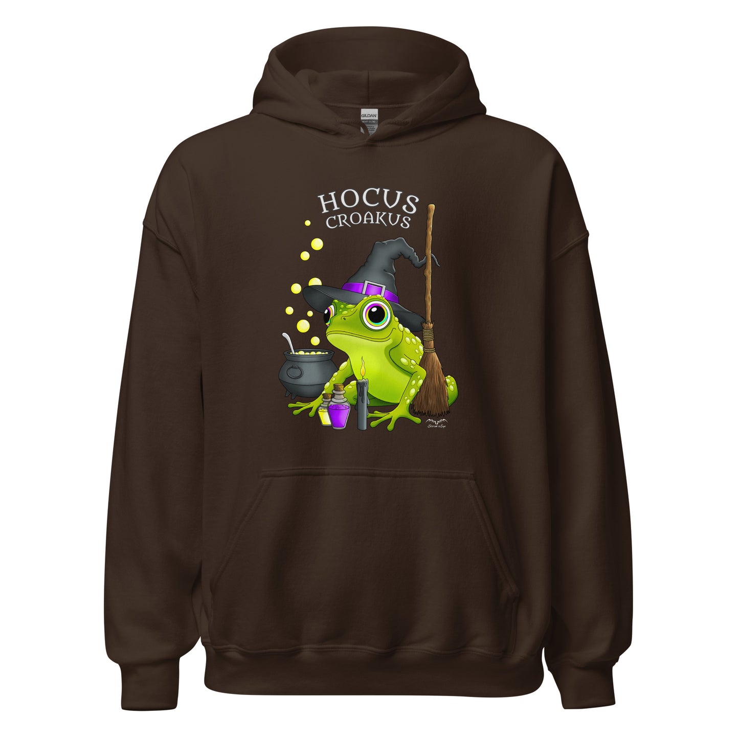 stormseye design witch frog hocus croakus hoodie flat view brown