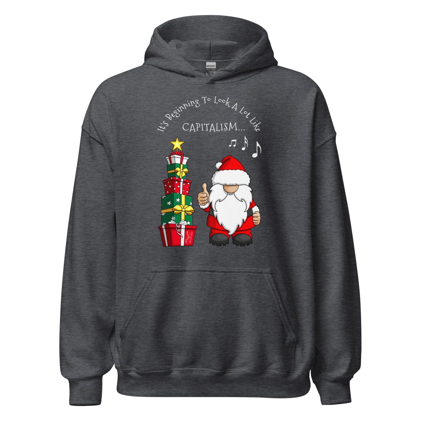 stormseye design festive capitalism christmas hoodie flat view dark heather