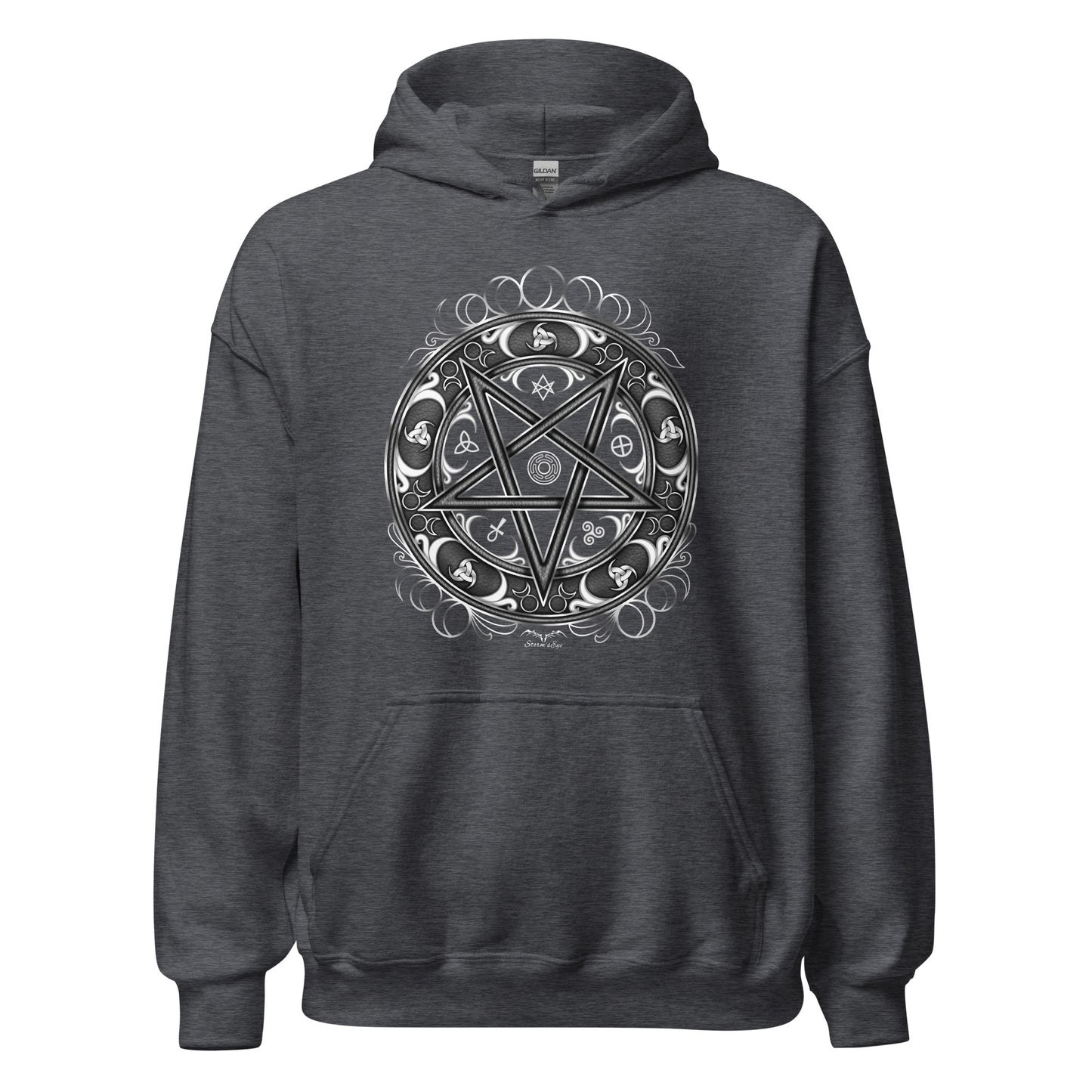 stormseye design witchy occult wheel hoodie flat view dark heather