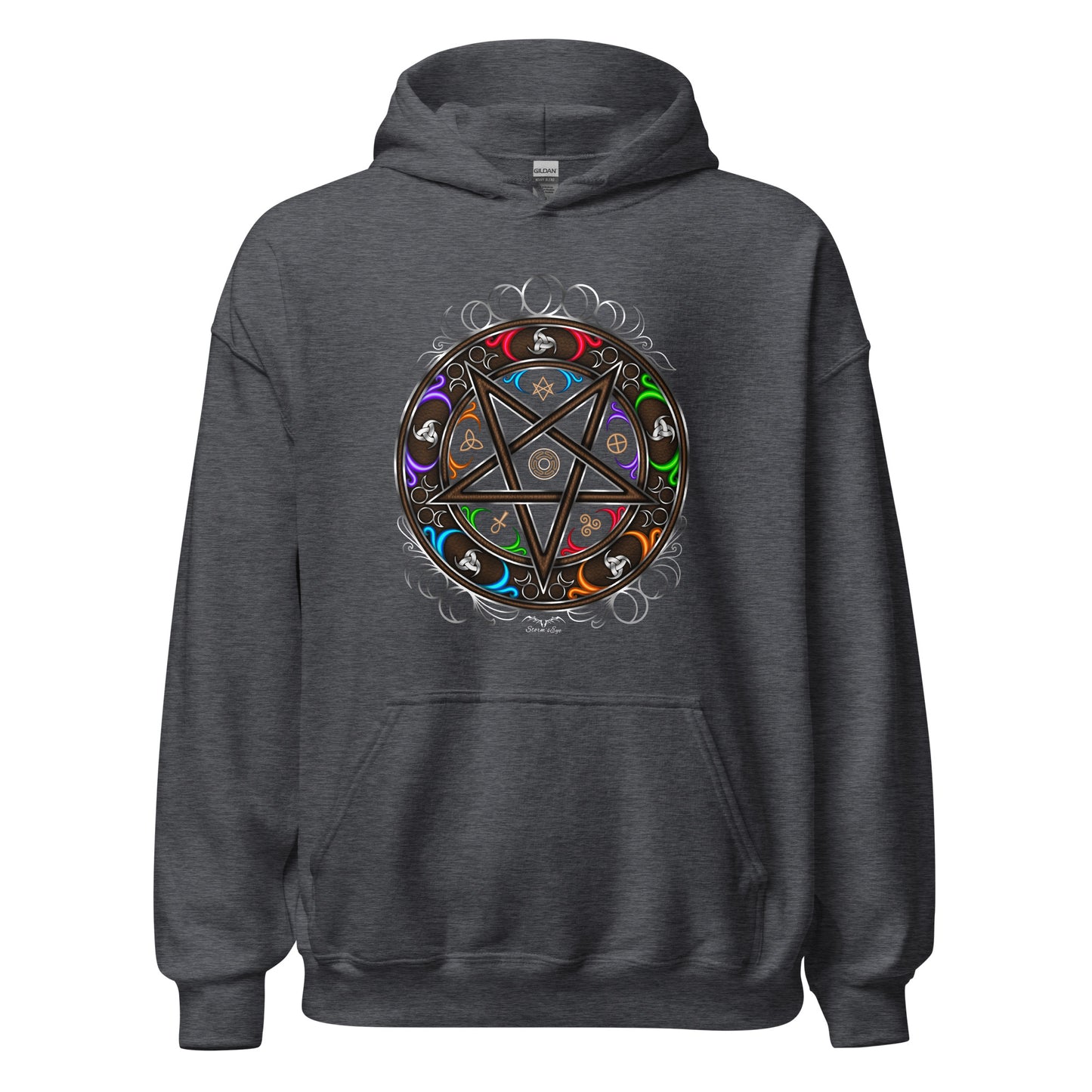 stormseye design witchy occult wheel colour hoodie flat view dark heather