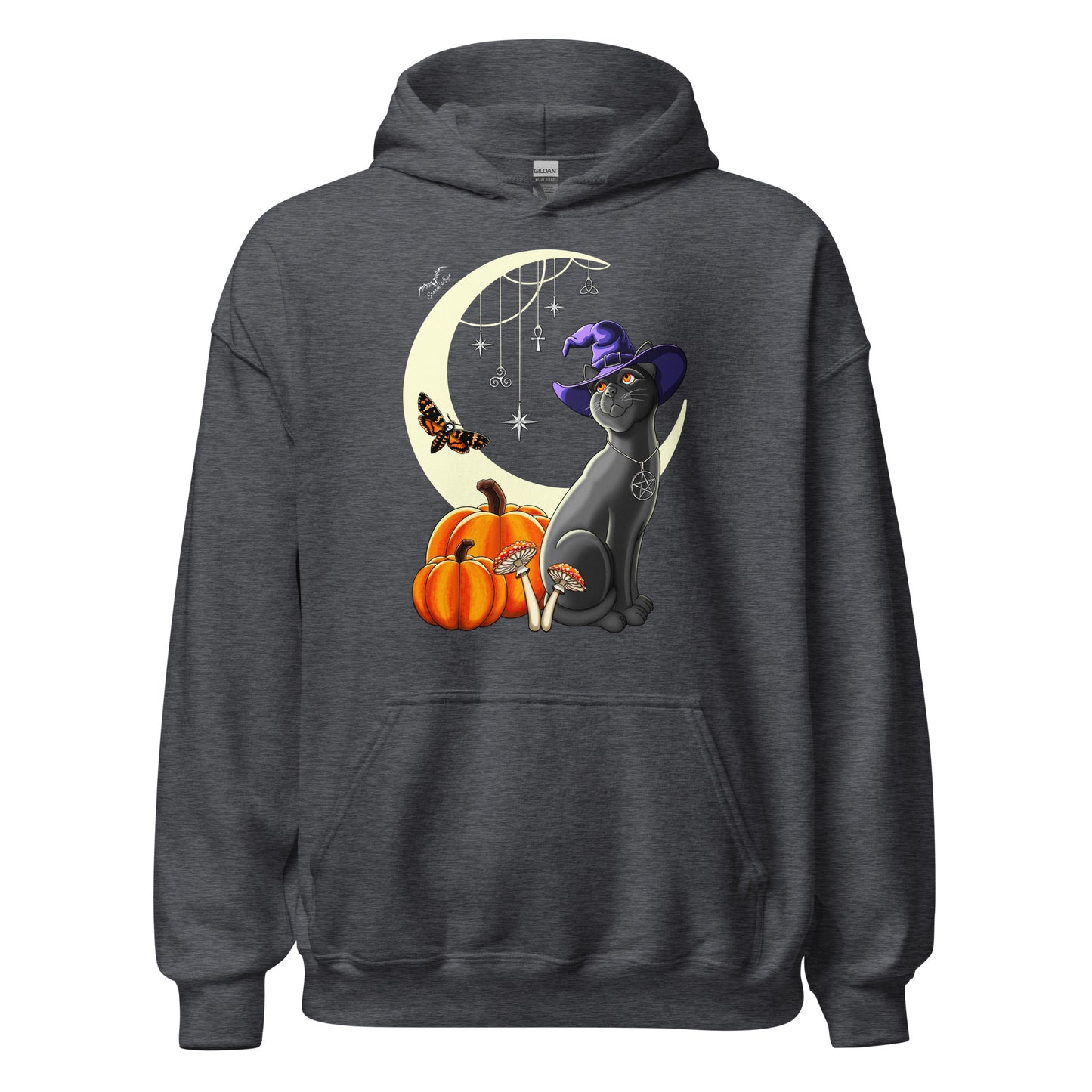 stormseye design witch’s cat halloween hoodie flat view dark heather