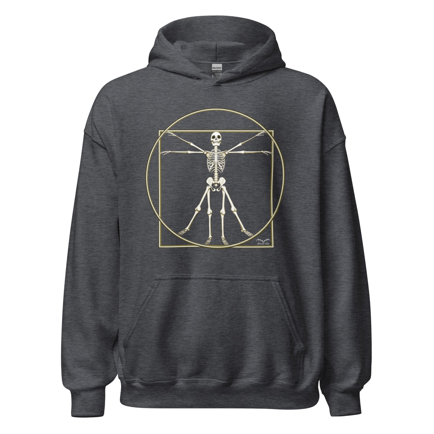 stormseye design vitruvian skeleton fine art hoodie flat view dark heather
