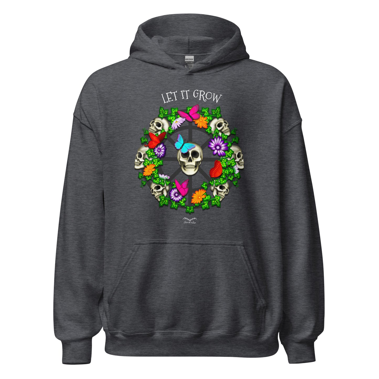 stormseye design skulls and flowers gothic hoodie flat view dark heather