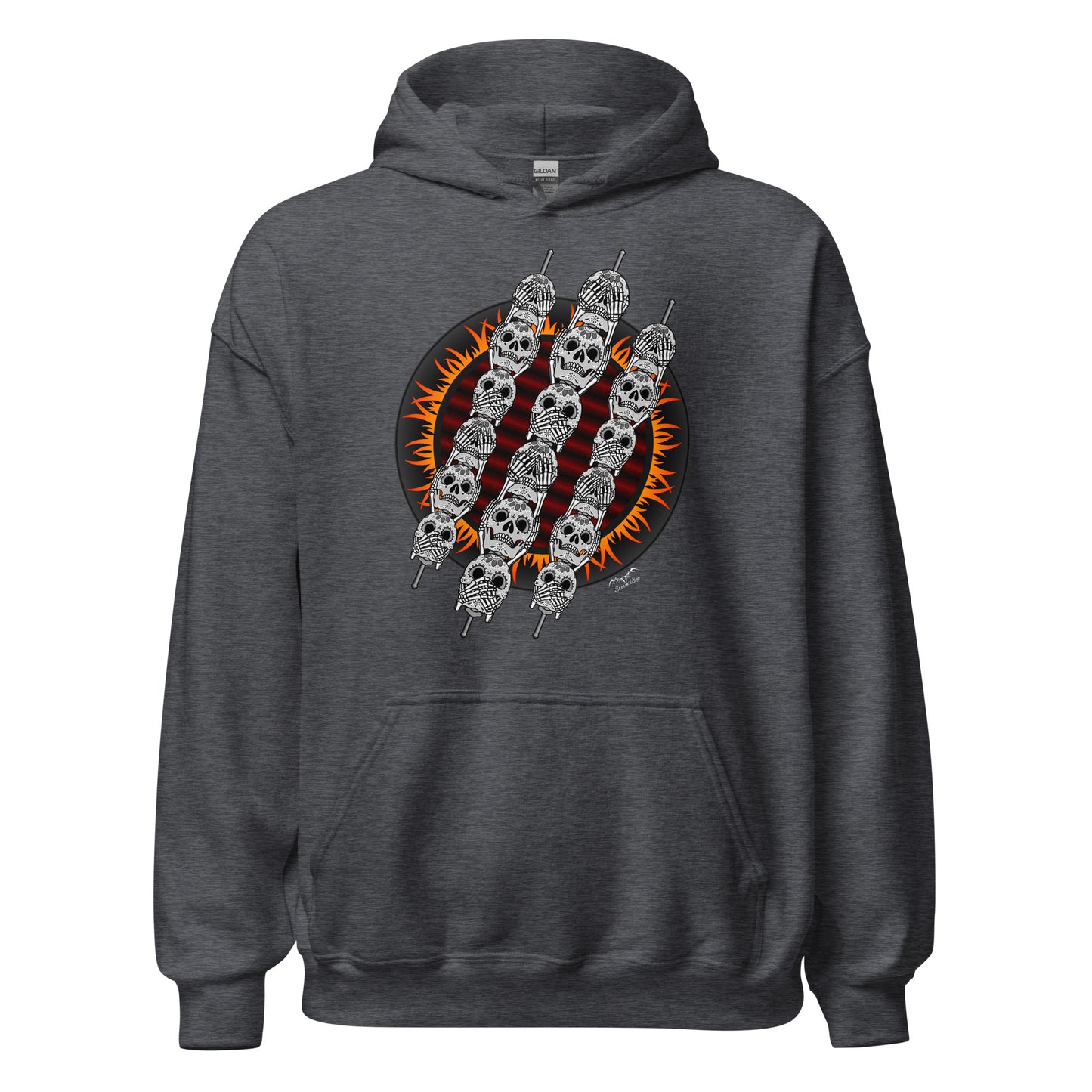 stormseye design skewer skulls BBQ hoodie flat view dark heather