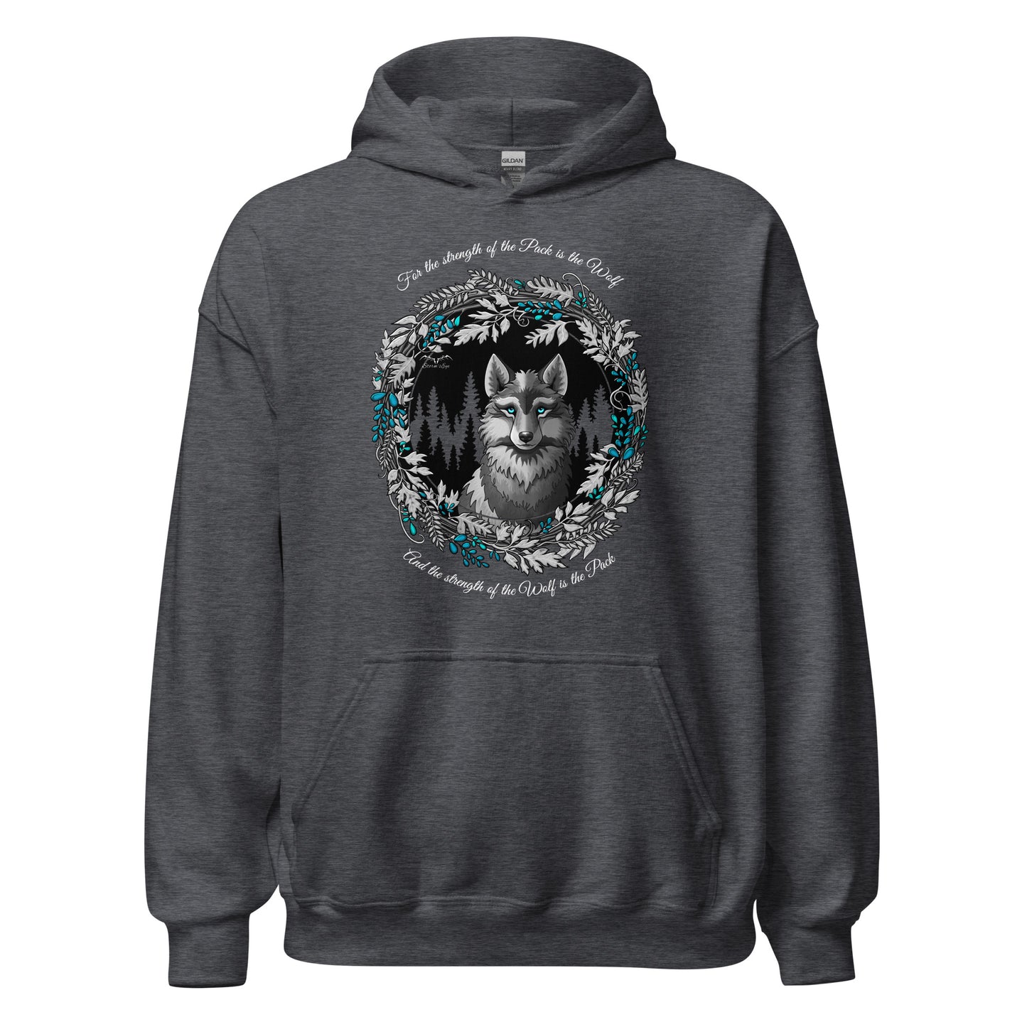 stormseye design silver winter wolf hoodie flat view dark heather