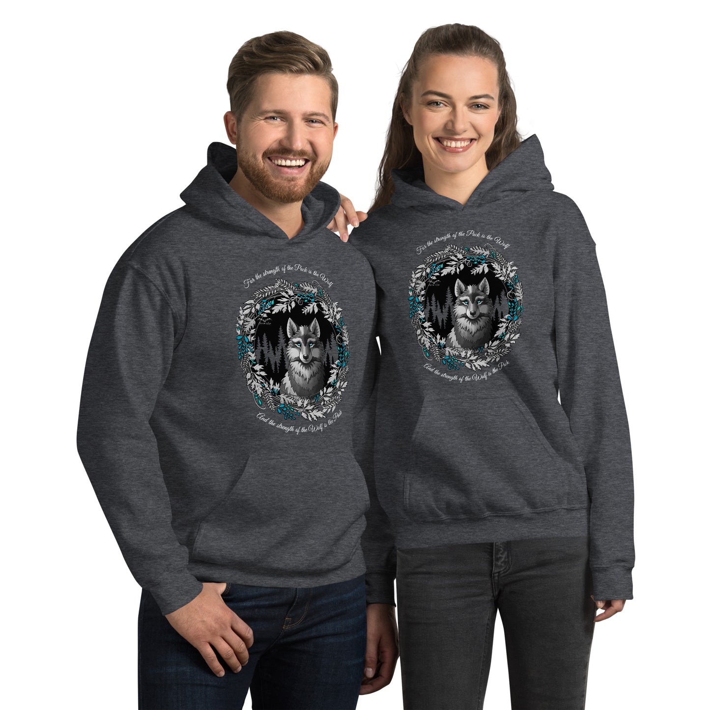 stormseye design silver winter wolf hoodie modelled view dark heather