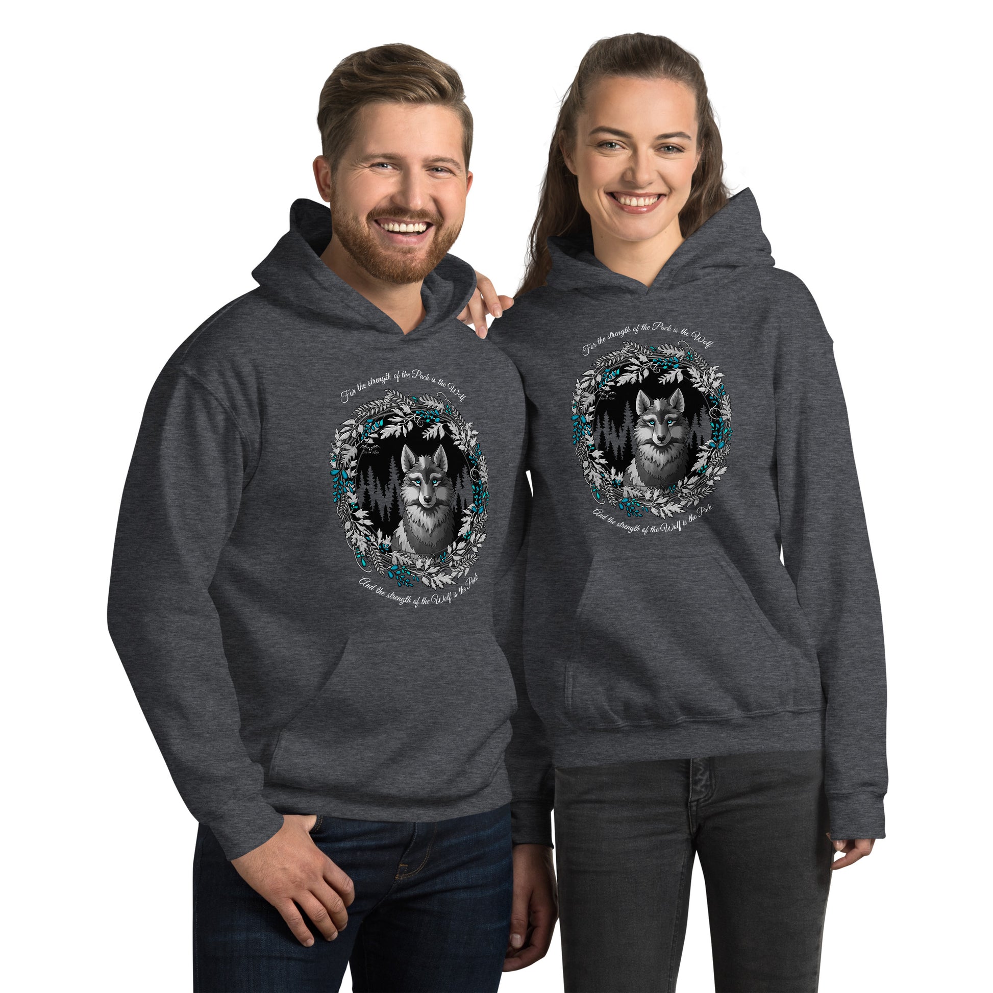 stormseye design silver winter wolf hoodie modelled view dark heather