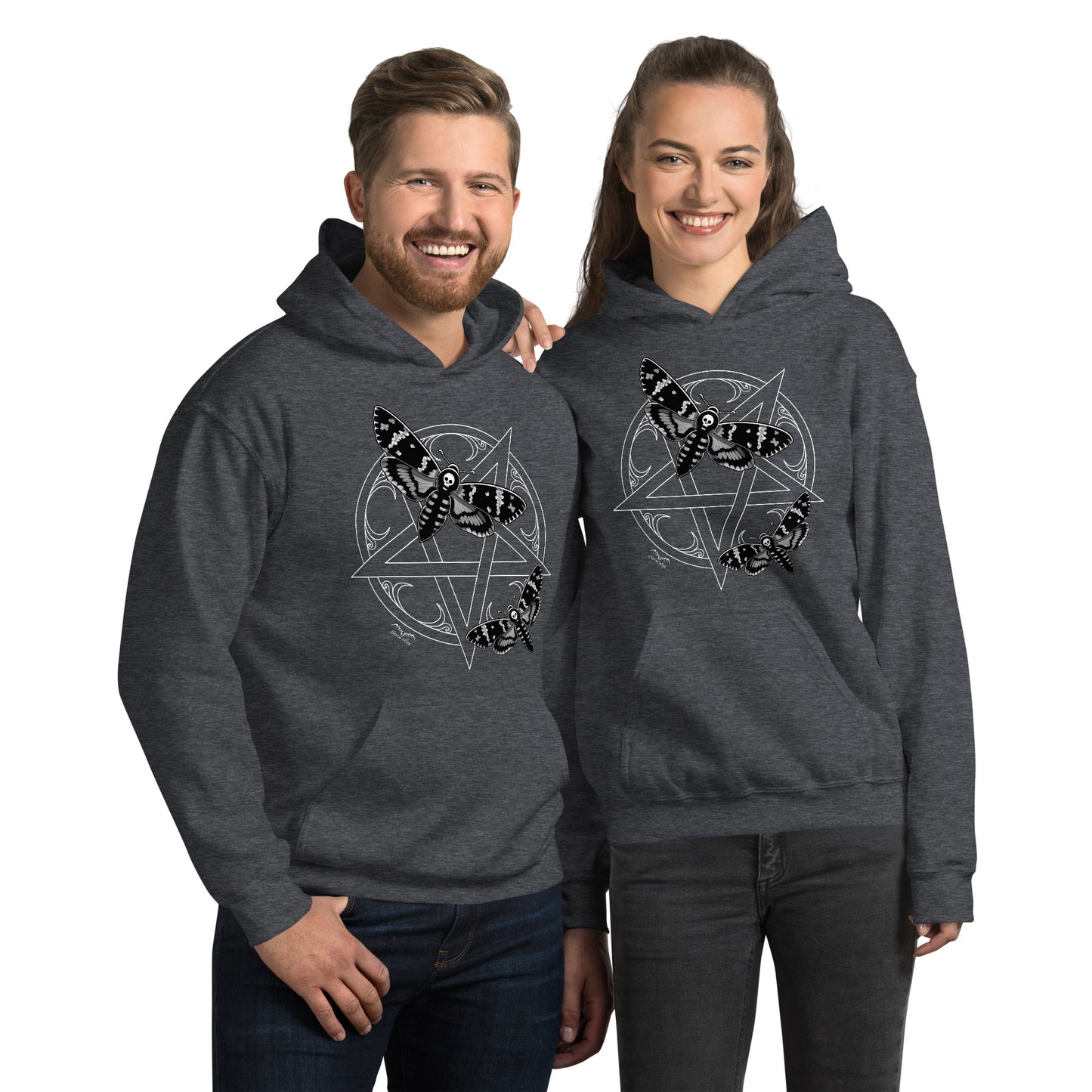stormseye design deaths head moths hoodie modelled view dark heather