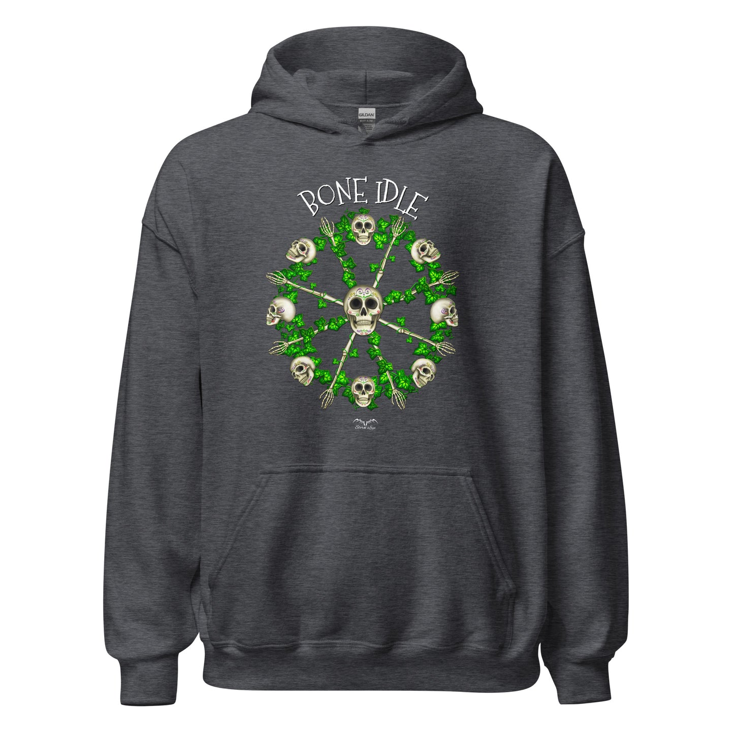 stormseye design bone idle skulls hoodie flat view dark heather