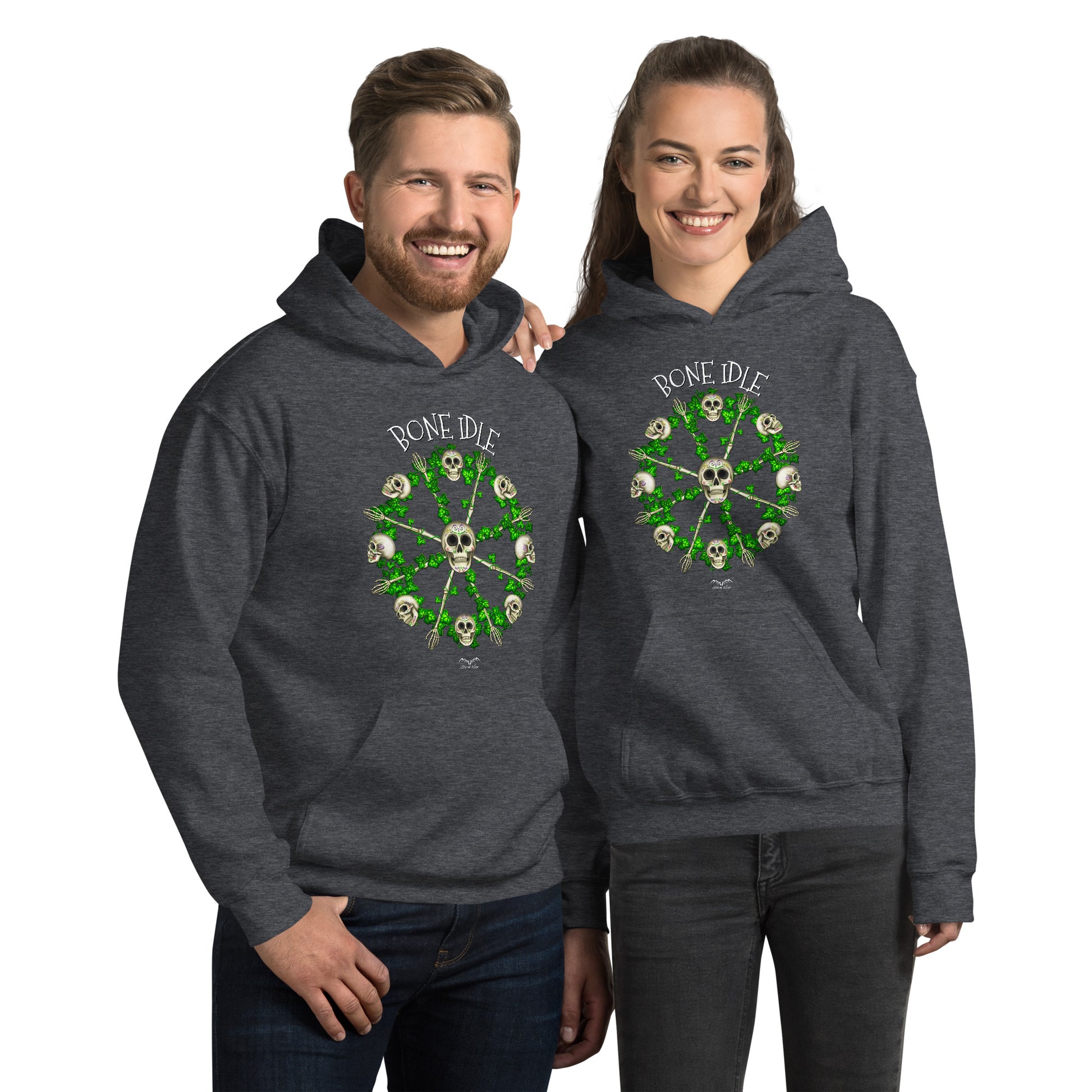 stormseye design bone idle skulls hoodie modelled view dark heather