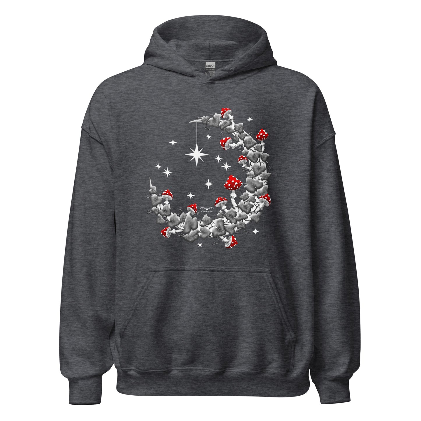 stormseye design mushroom moon hoodie flat view dark heather