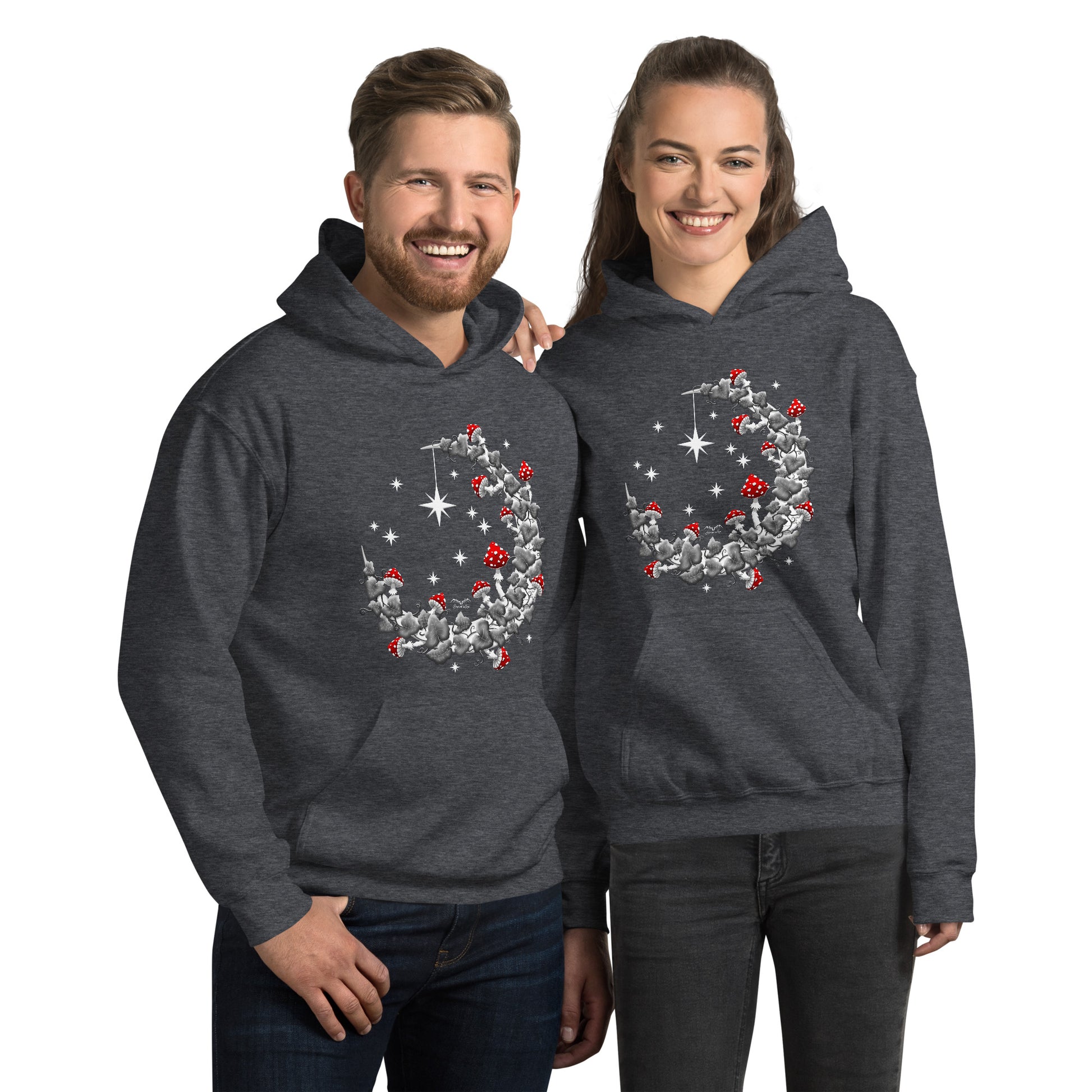 stormseye design mushroom moon hoodie modelled view dark heather