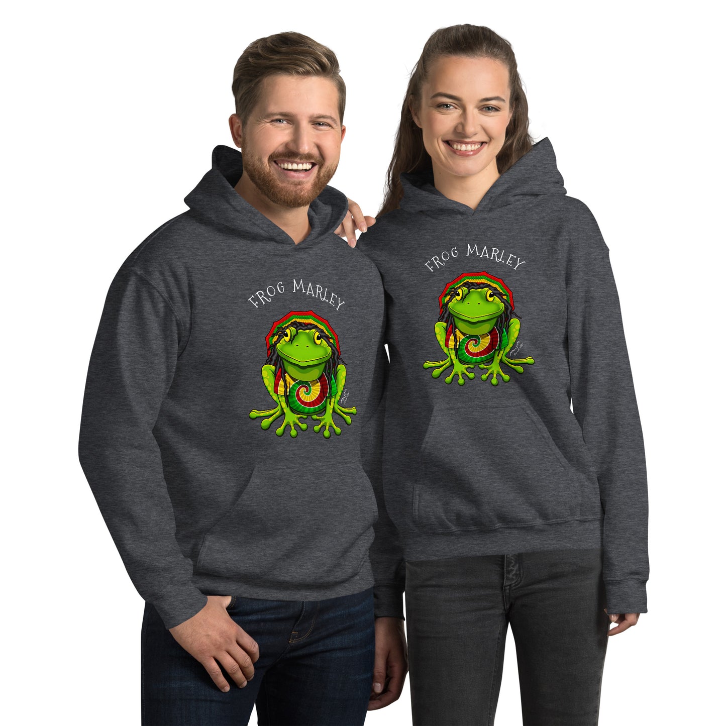 stormseye design frog marley reggae hoodie modelled view dark heather