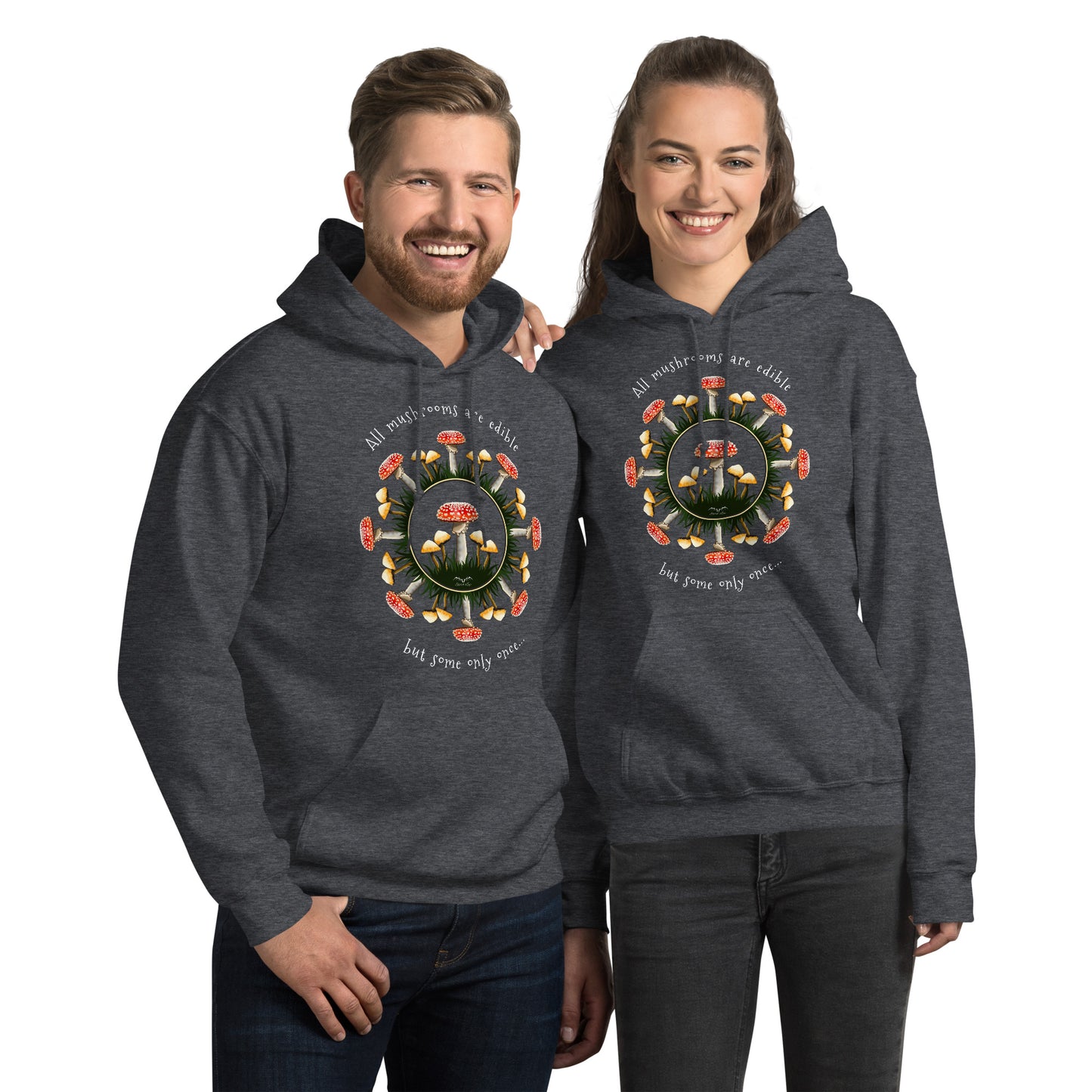edible mushrooms hoodie by stormseye, dark heather, modelled view