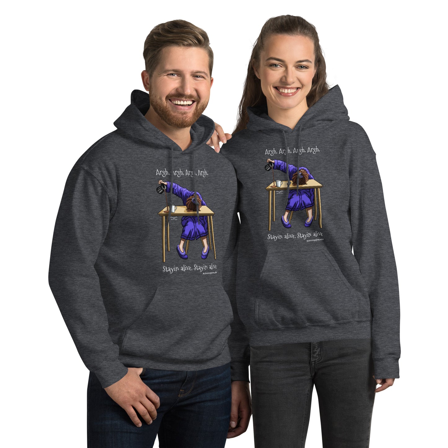 funny stayin alive chronic pain Hoodie by Stormseye Design, dark heather, modelled view