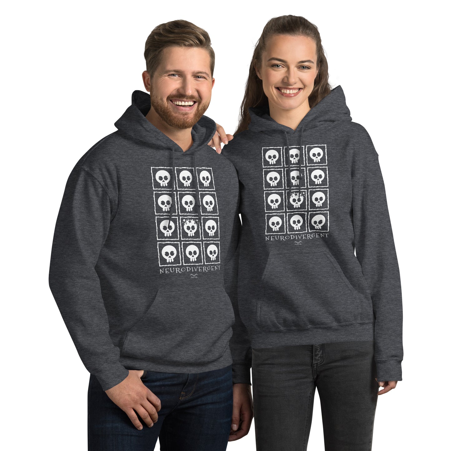 Neurodivergent Skulls Hoodie by Stormseye Design dark heather modelled view