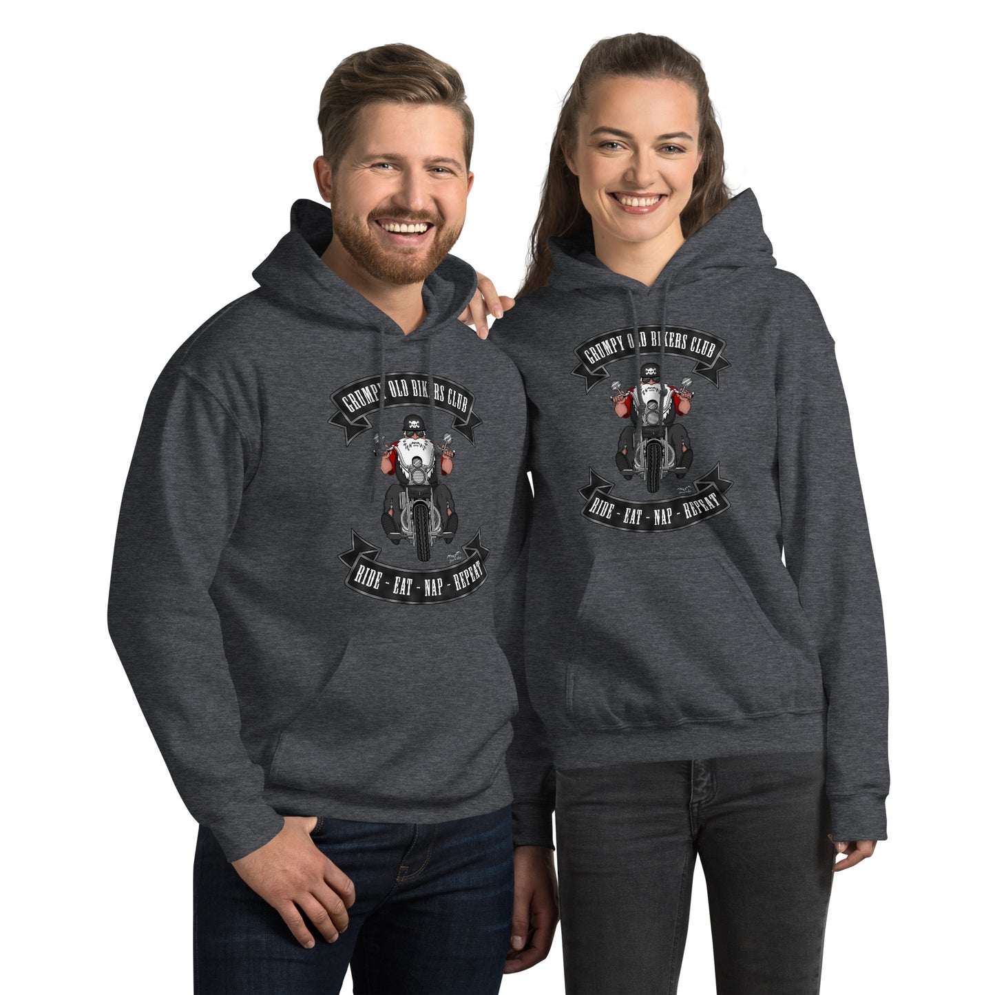 grumpy old biker hoodie by stormseye design, dark heather, modelled view