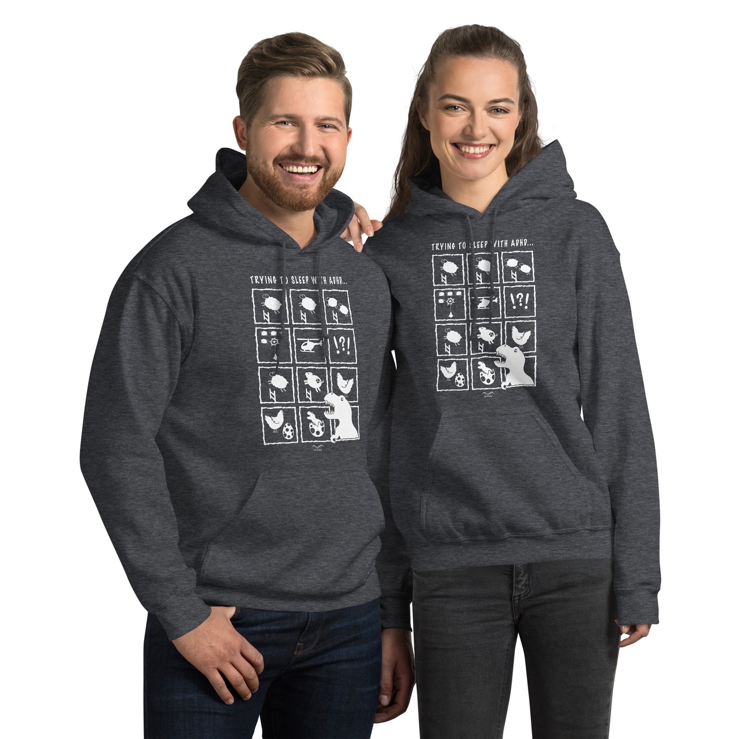 adhd insomnia hoodie by stormseye design, dark heather, modelled view