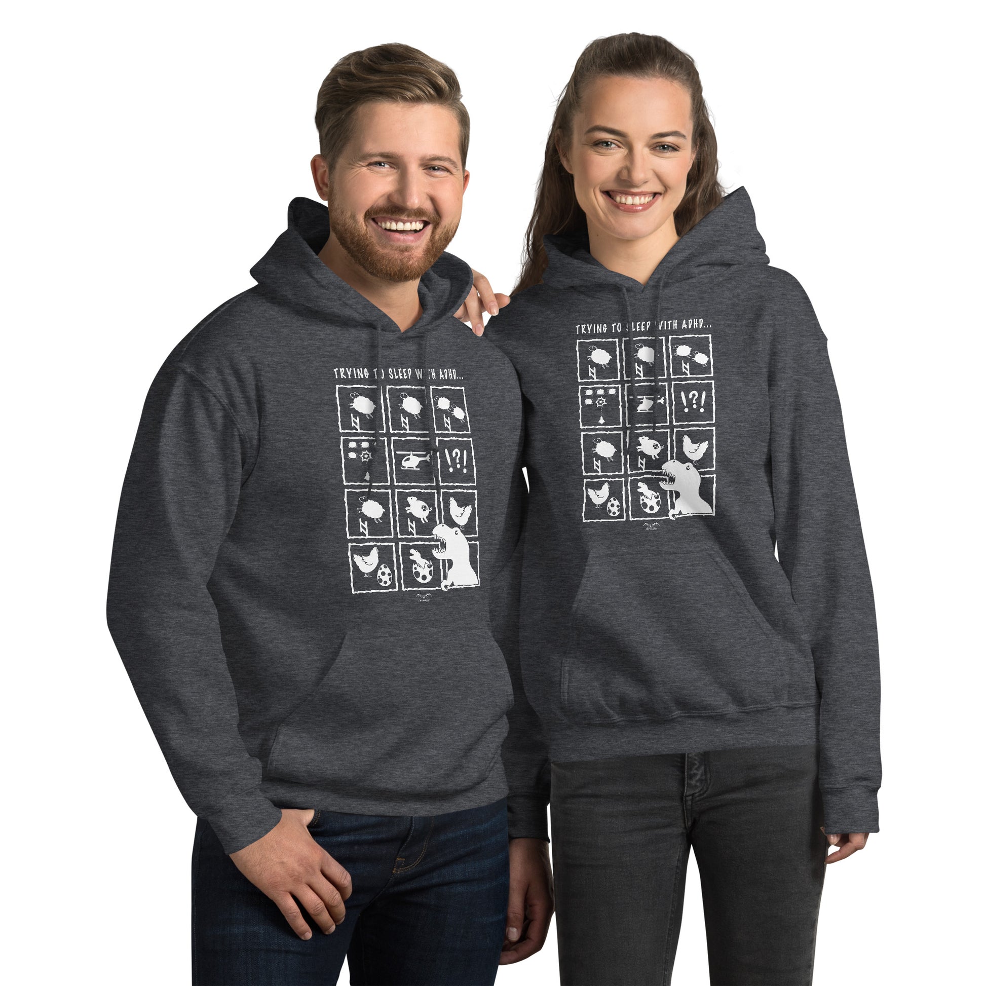 adhd insomnia hoodie by stormseye design, dark heather, modelled view