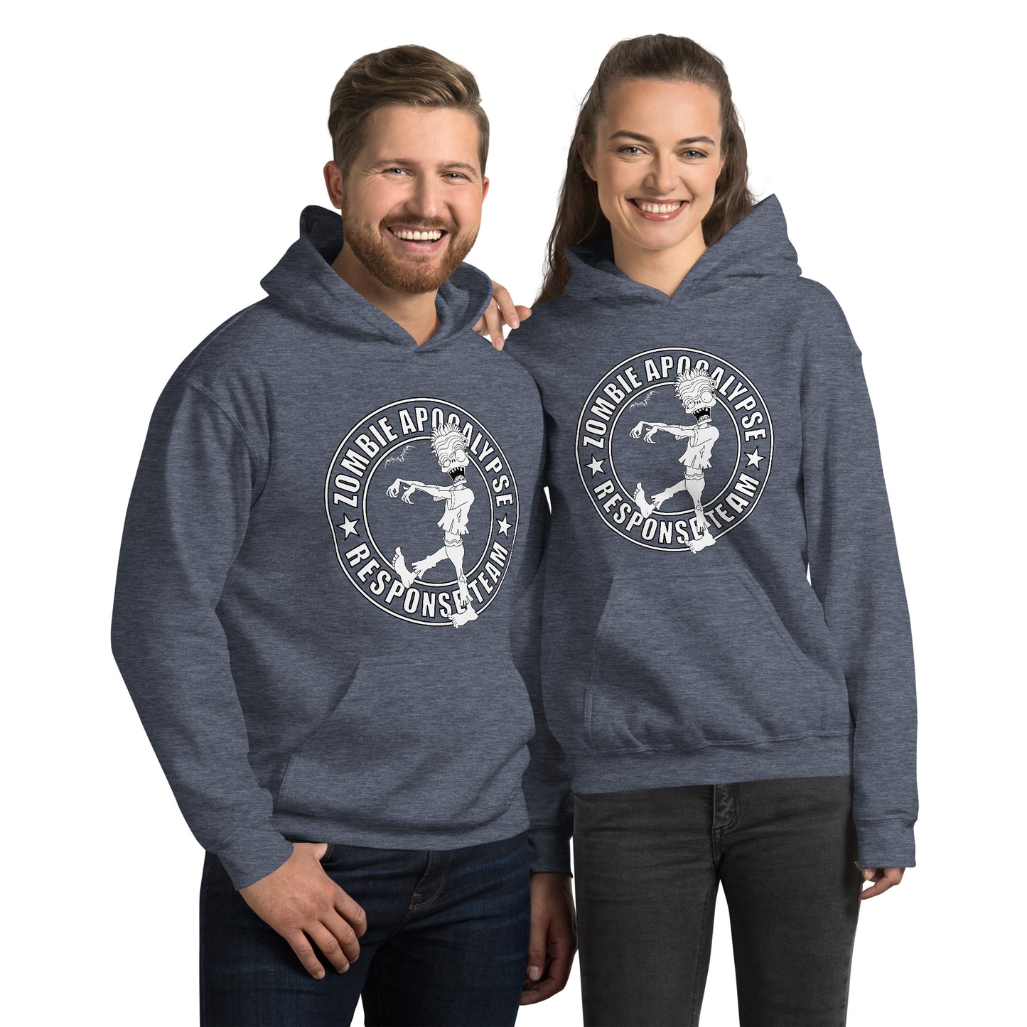 stormseye design zombie apocalypse colour hoodie, modelled view heather navy