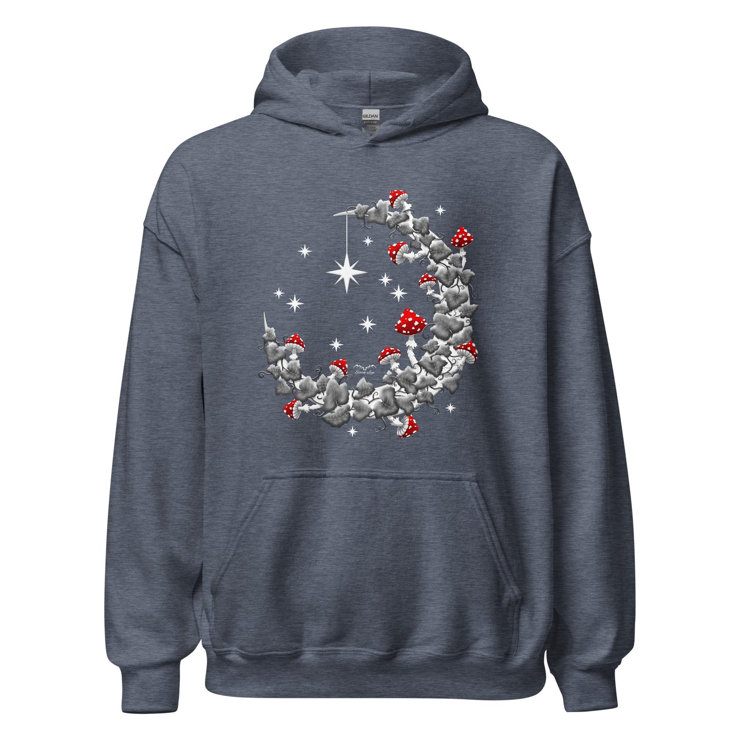 stormseye design mushroom moon hoodie flat view heather dark navy
