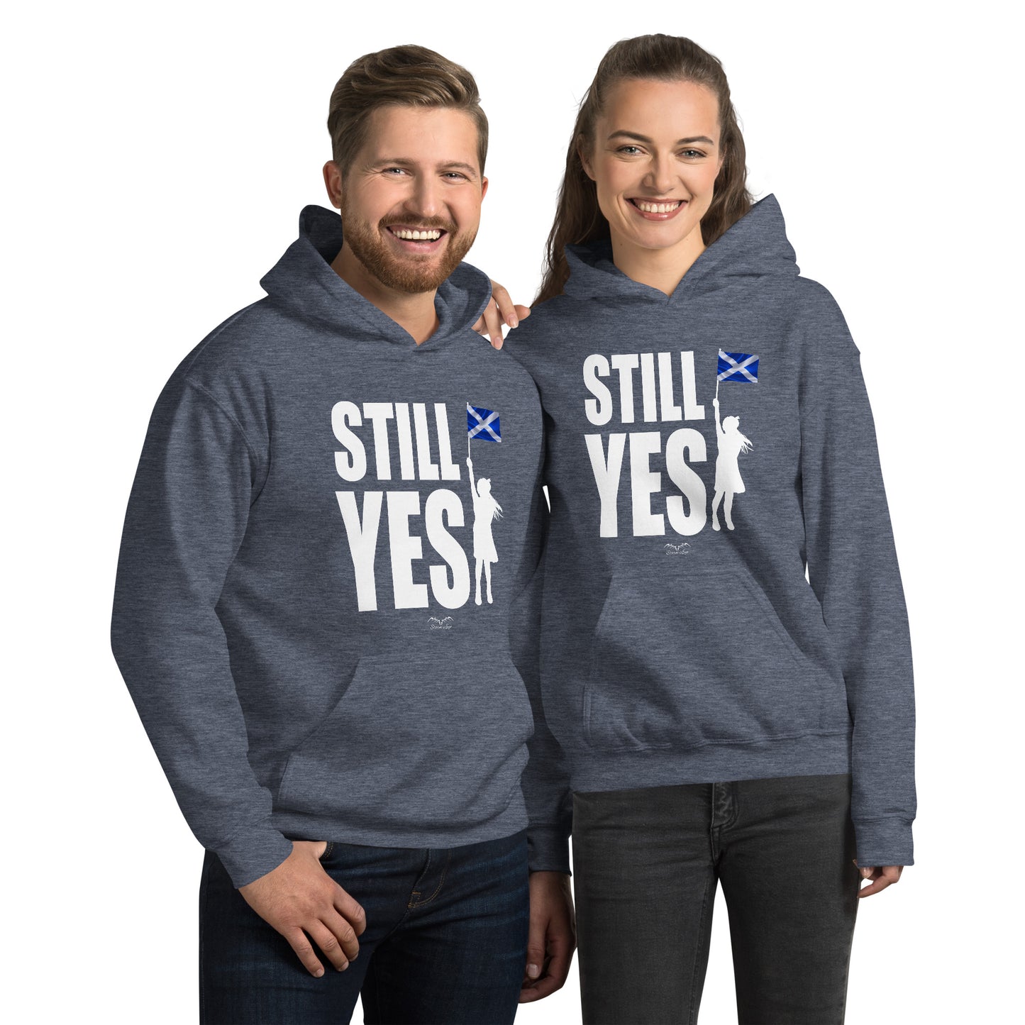 still yes hoodie by stormseye, grey blue, modelled view