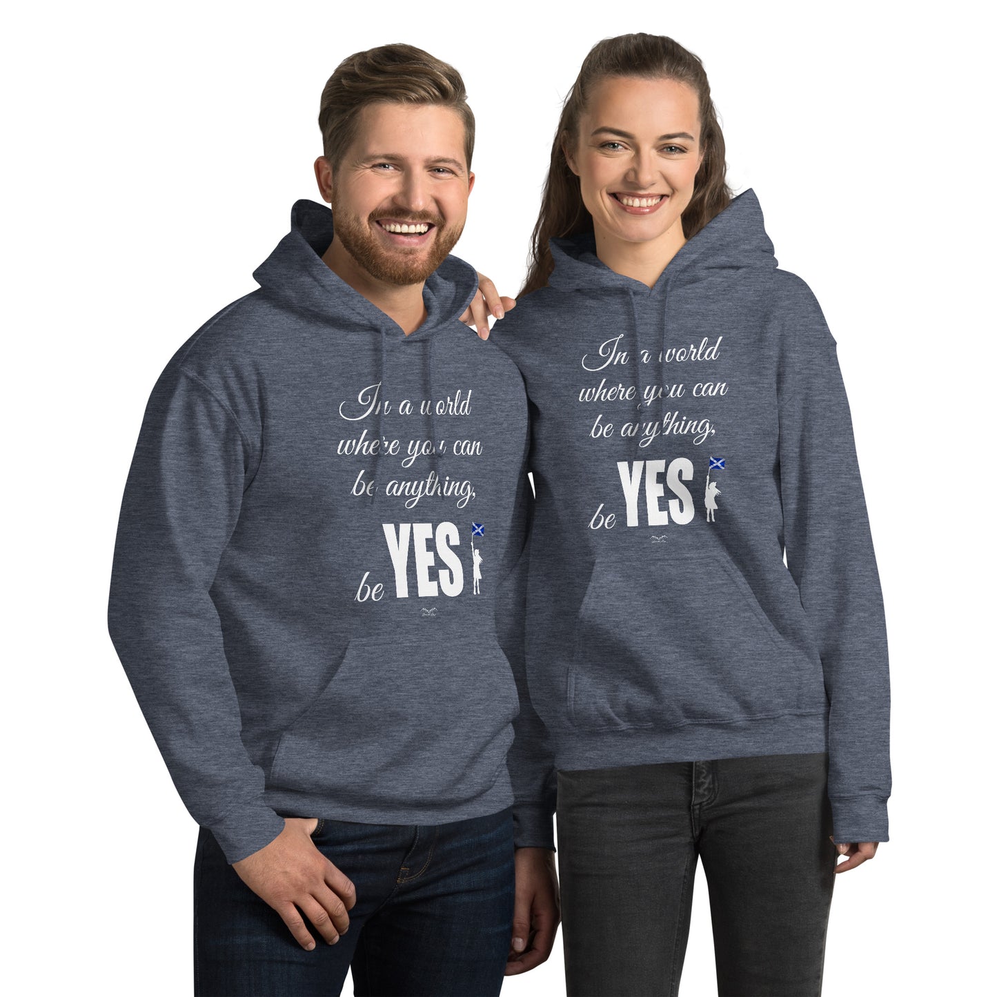 be yes scottish independence Hoodie by Stormseye Design, denim blue modelled view
