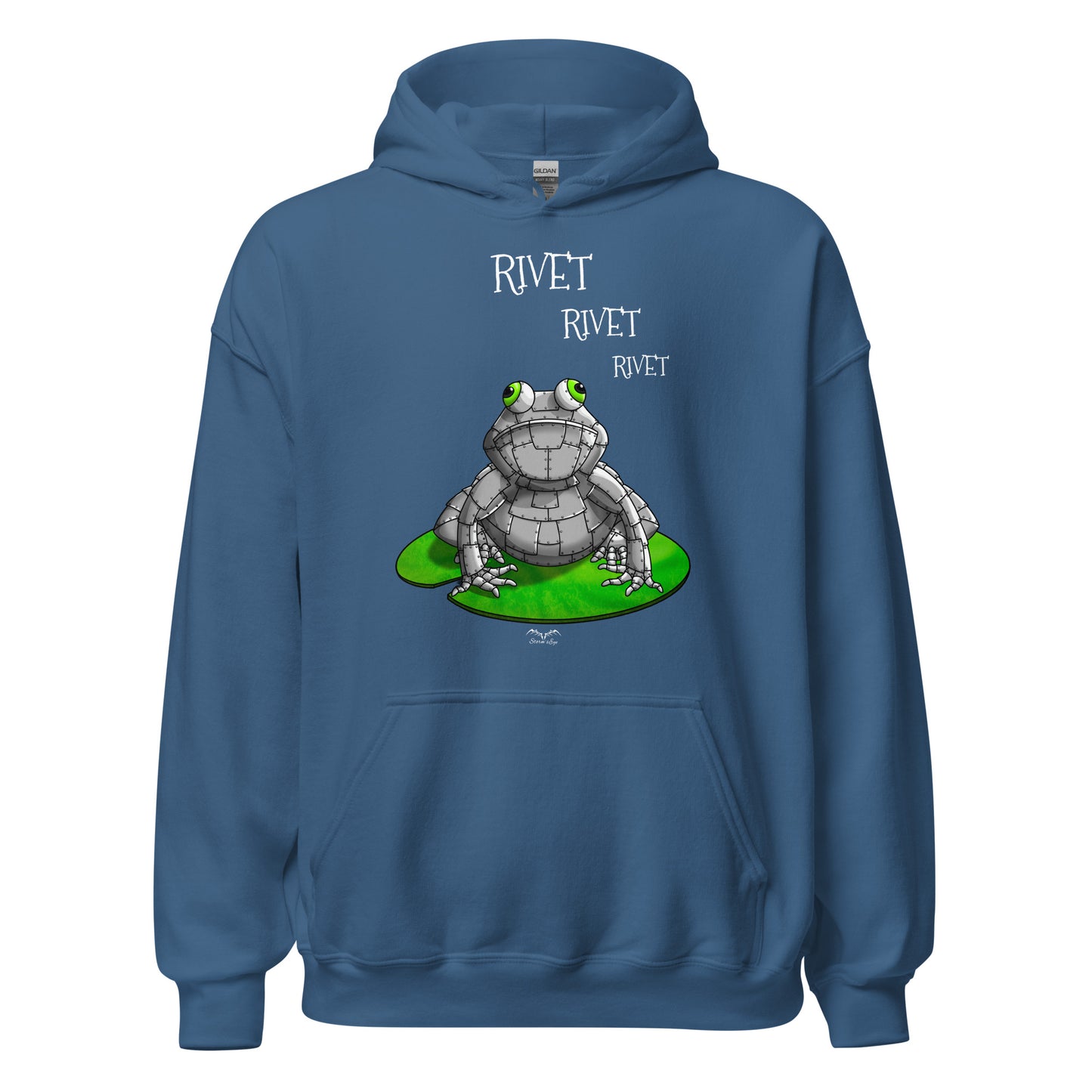 stormseye design funny metal frog hoodie flat view blue