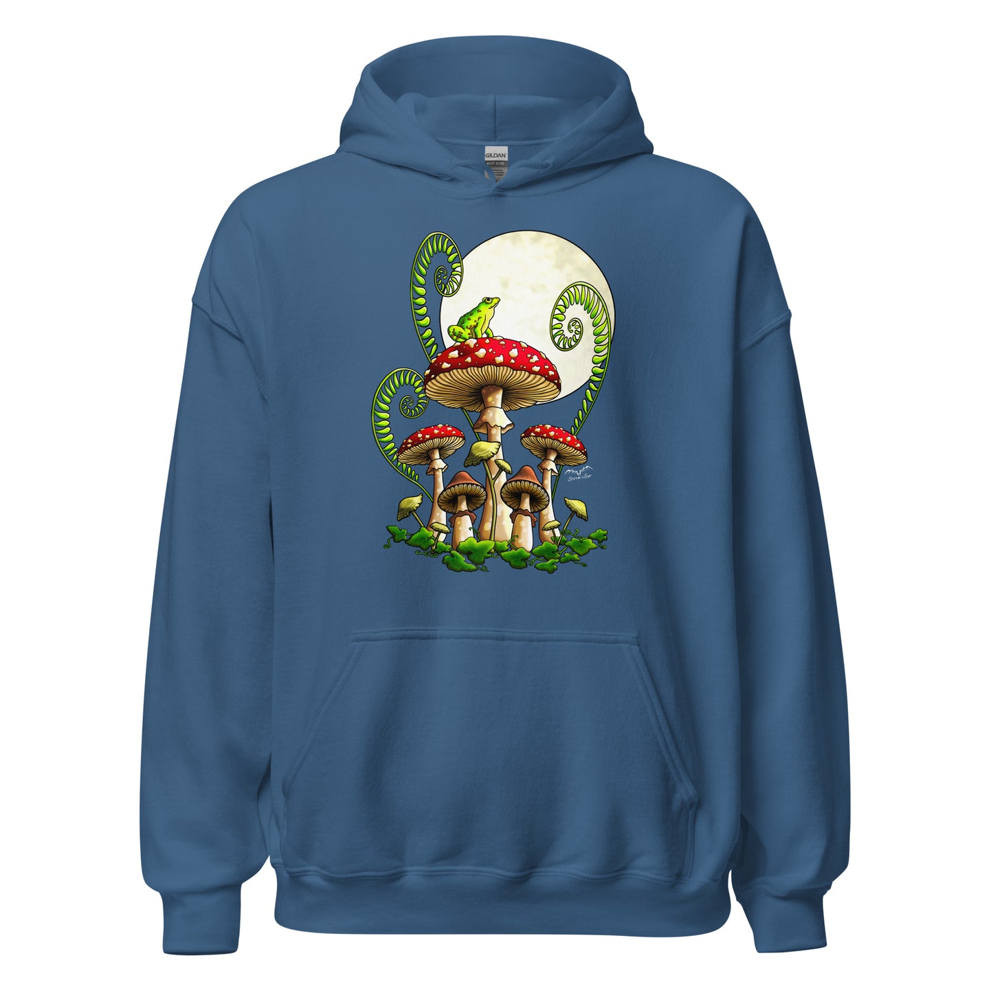 stormseye design moonlight mushrooms frog hoodie flat view blue