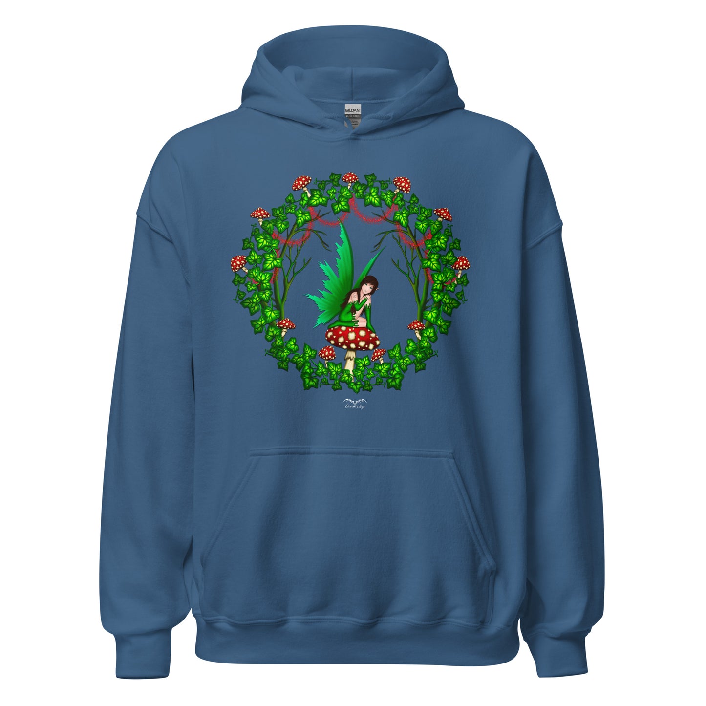 mushroom fairy cottage core hoodie blue, by stormseye design