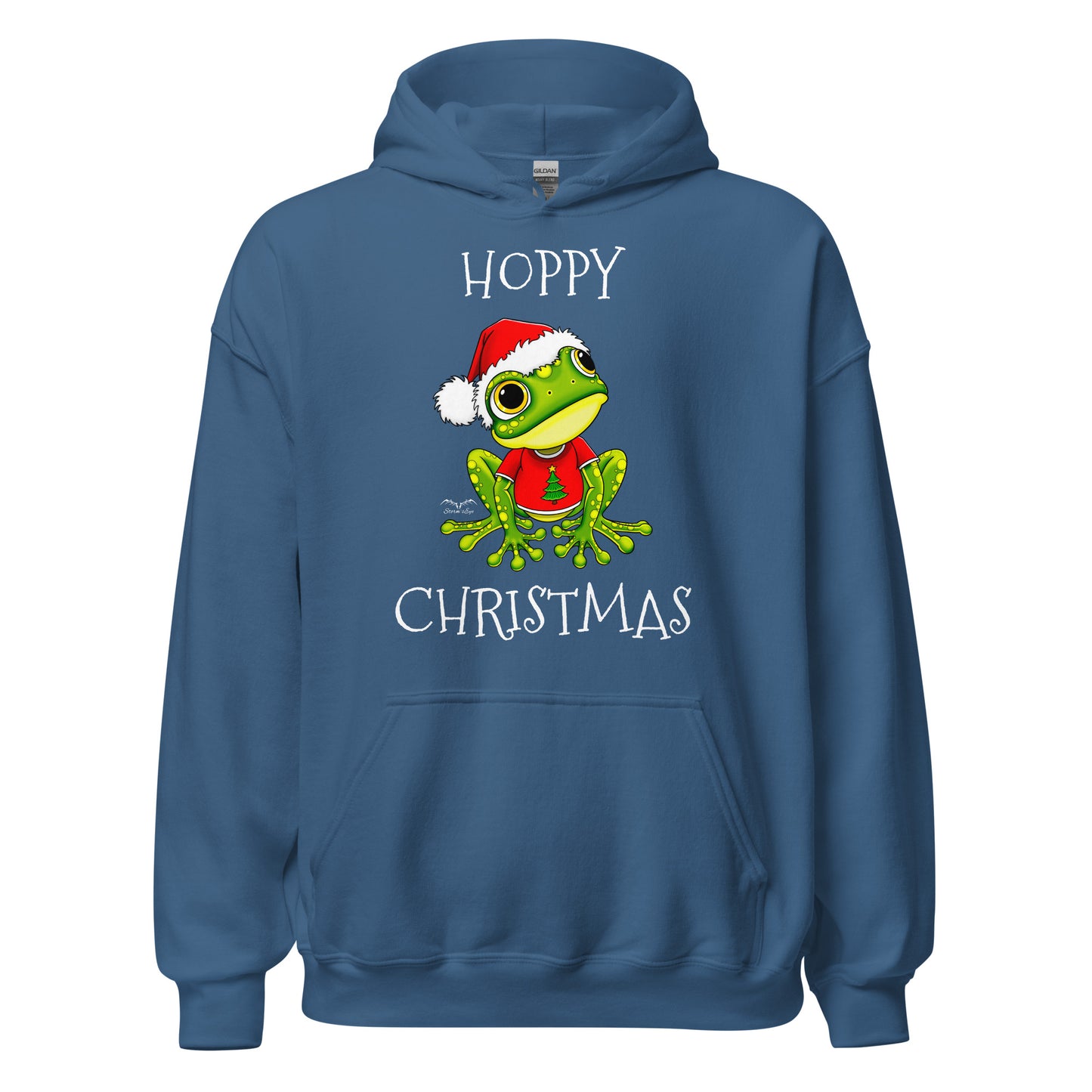 stormseye design christmas cute frog hoodie, flat view, blue