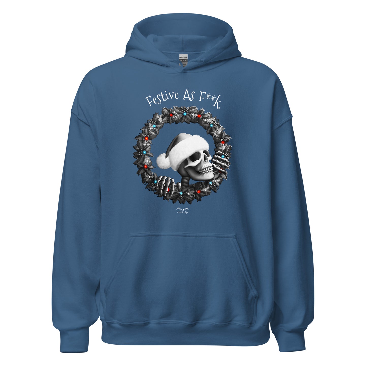 stormseye design festive AF christmas hoodie flat view blue