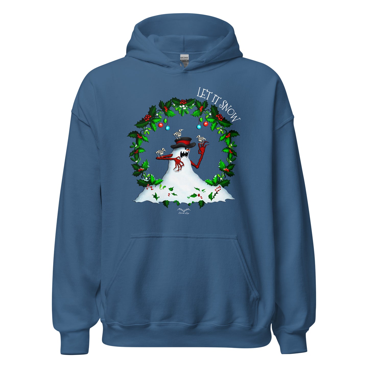 stormseye design evil snowman christmas hoodie flat view blue