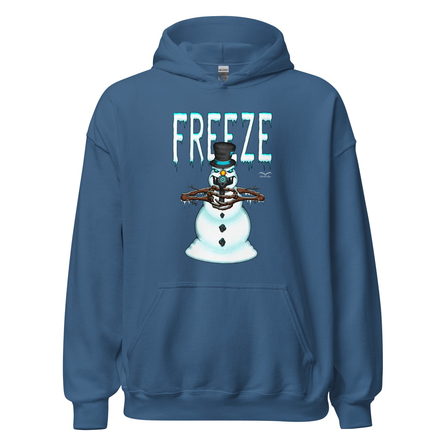 stormseye design mr freeze christmas hoodie flat view blue