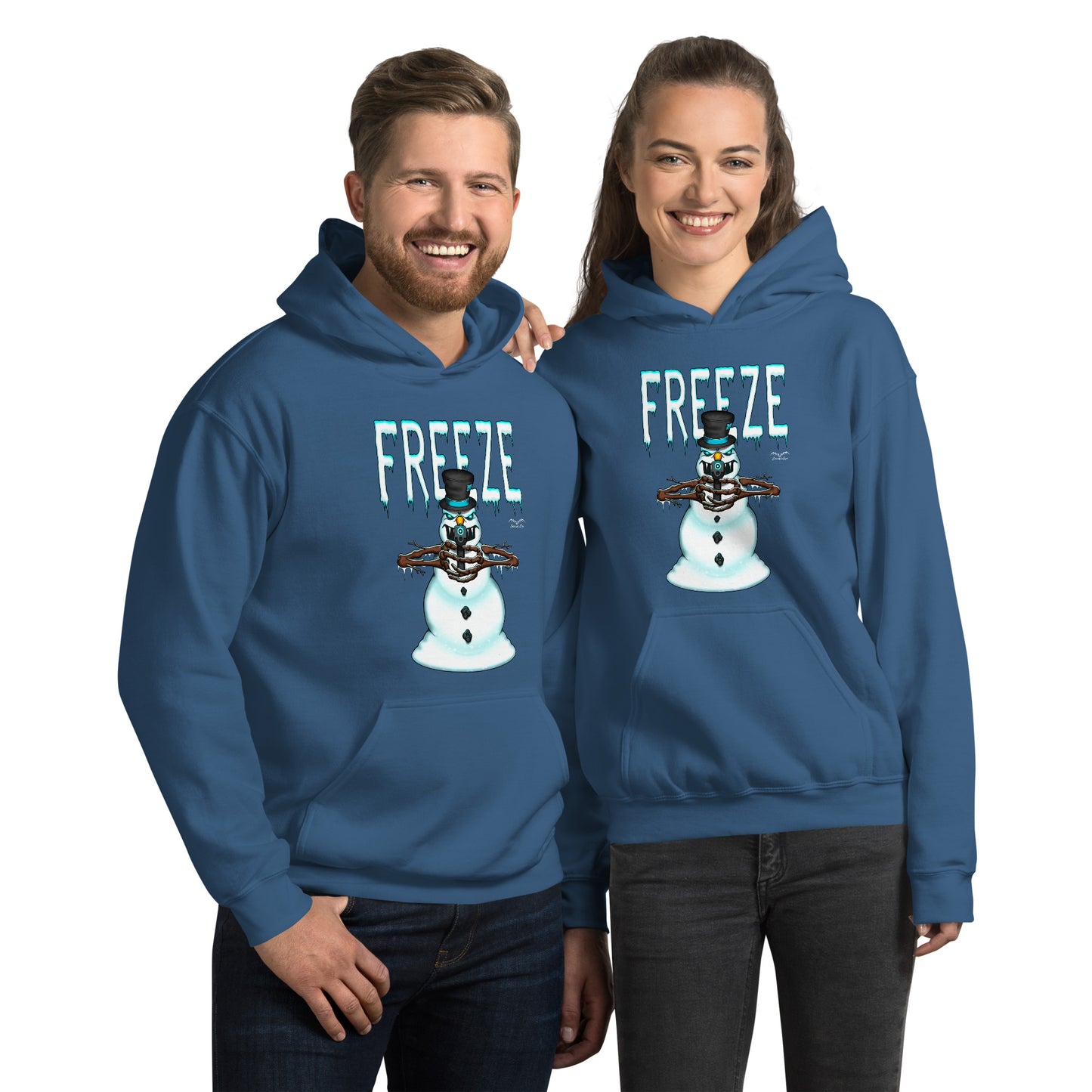 stormseye design mr freeze christmas hoodie modelled view blue