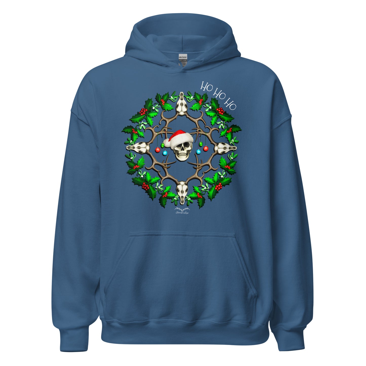 stormseye design festive skulls christmas hoodie flat view blue