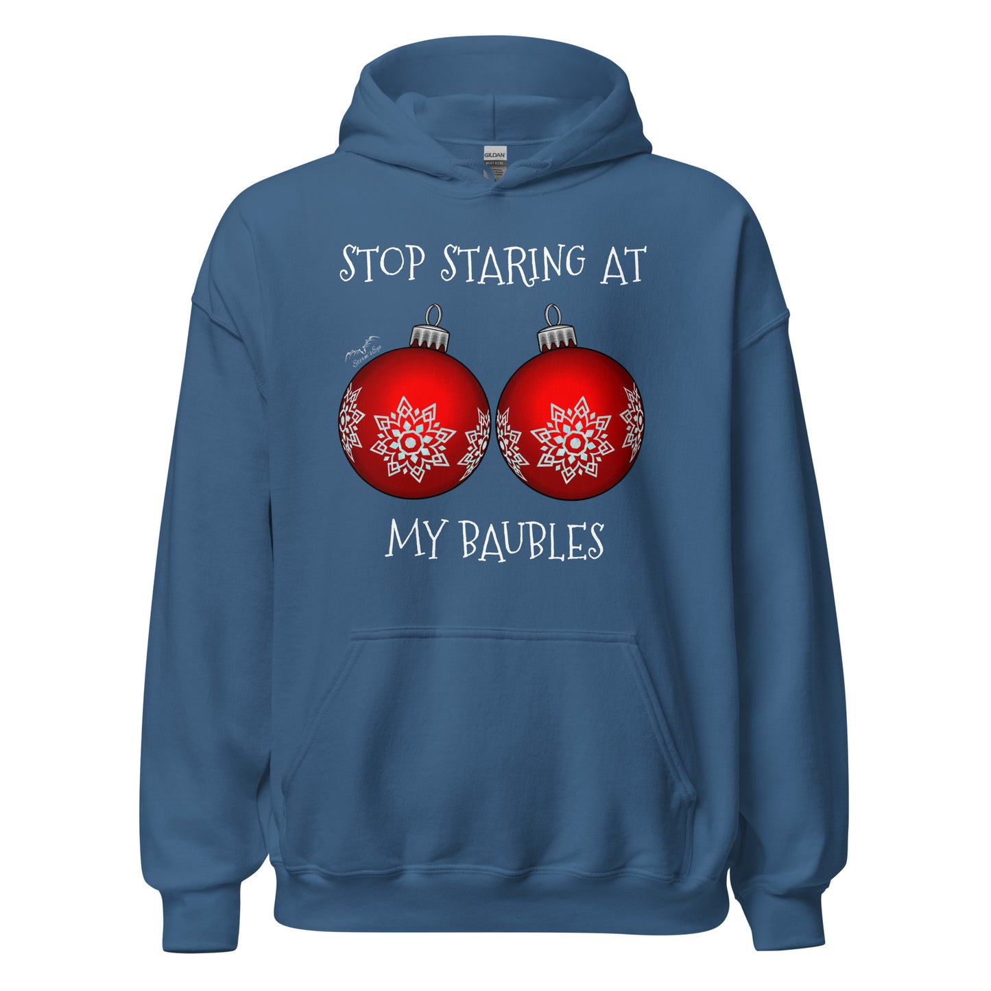 stormseye design stop staring funny christmas hoodie flat view blue