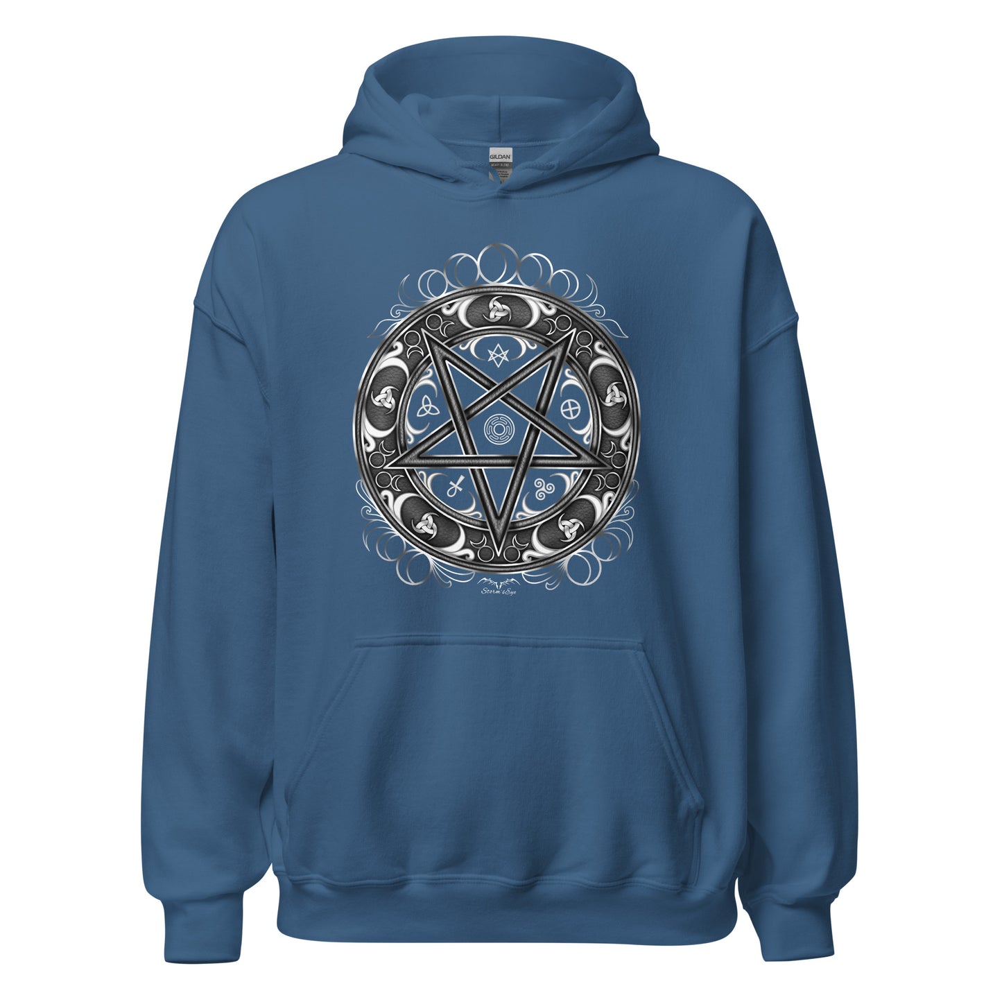 stormseye design witchy occult wheel hoodie flat view blue