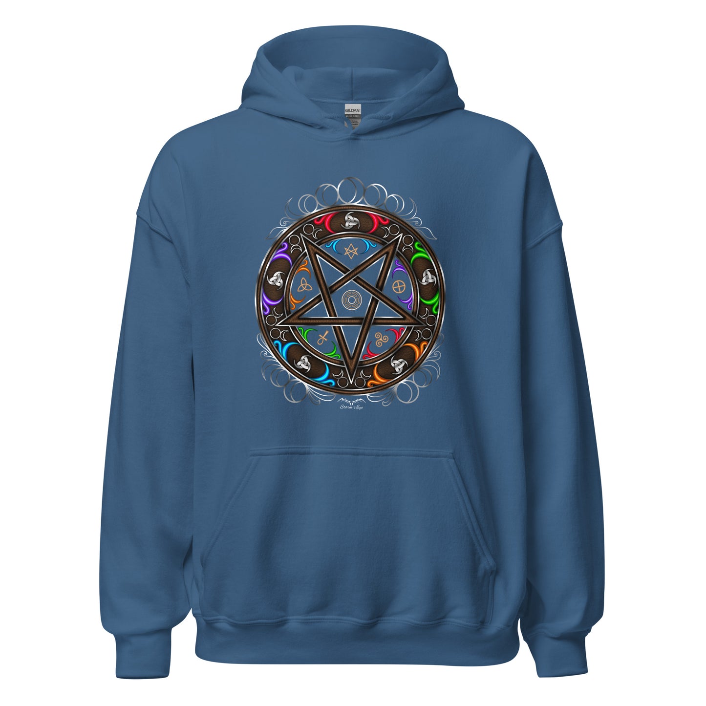 stormseye design witchy occult wheel colour hoodie flat view blue