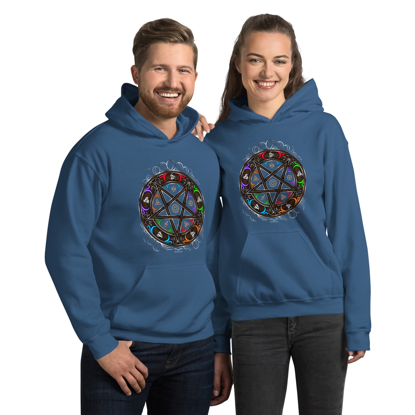 stormseye design witchy occult wheel colour hoodie modelled view blue