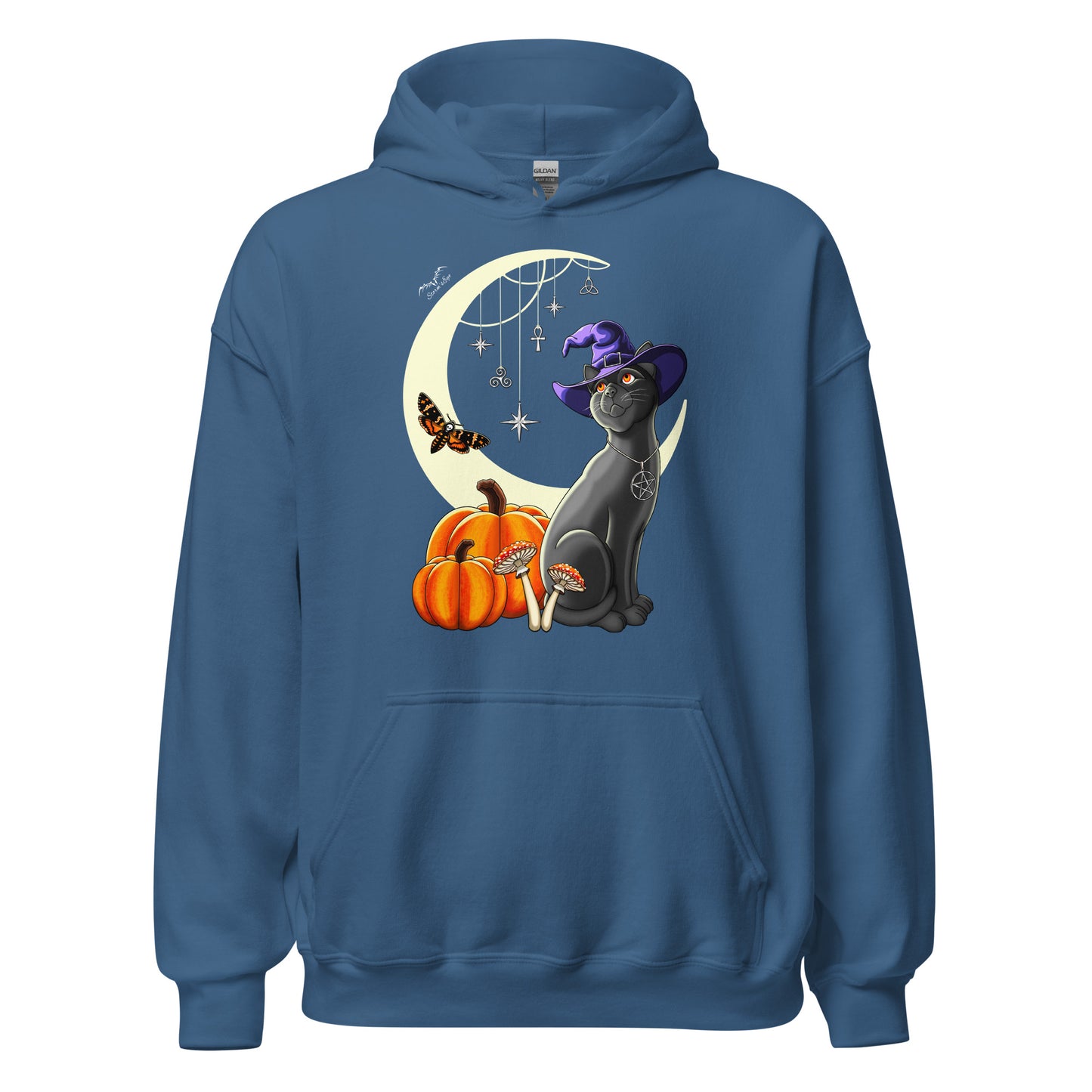 stormseye design witch’s cat halloween hoodie flat view blue