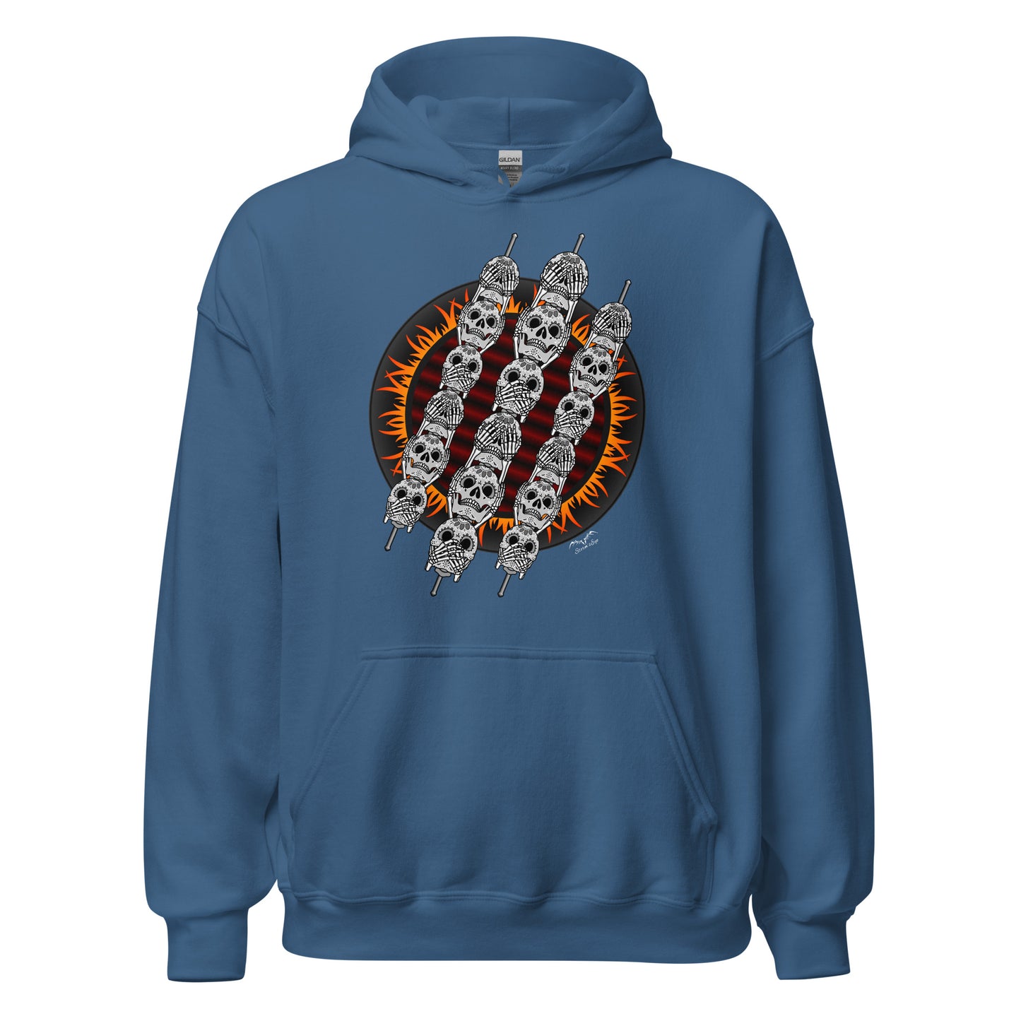 stormseye design skewer skulls BBQ hoodie flat view blue