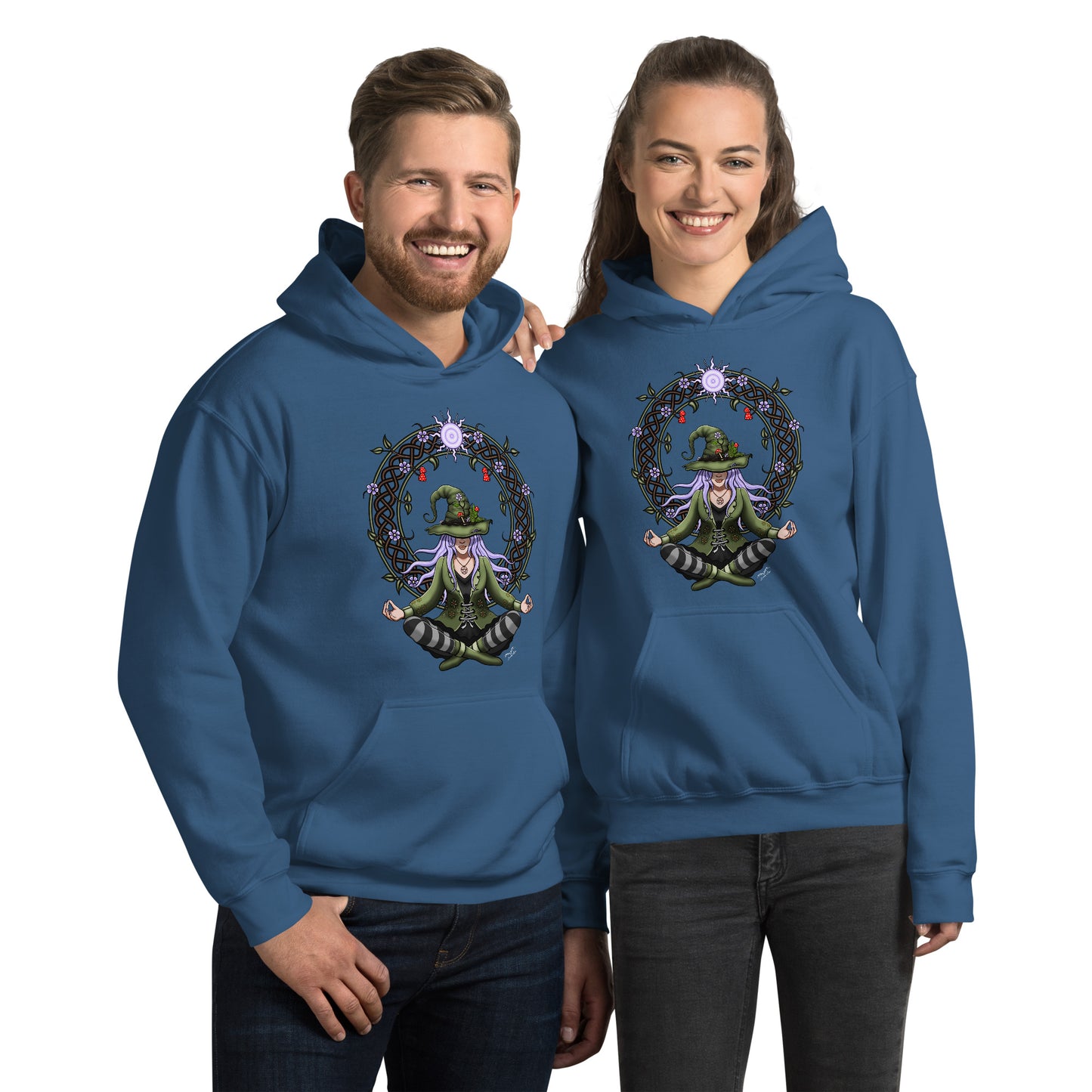 stormseye design hedge witch hoodie modelled view blue