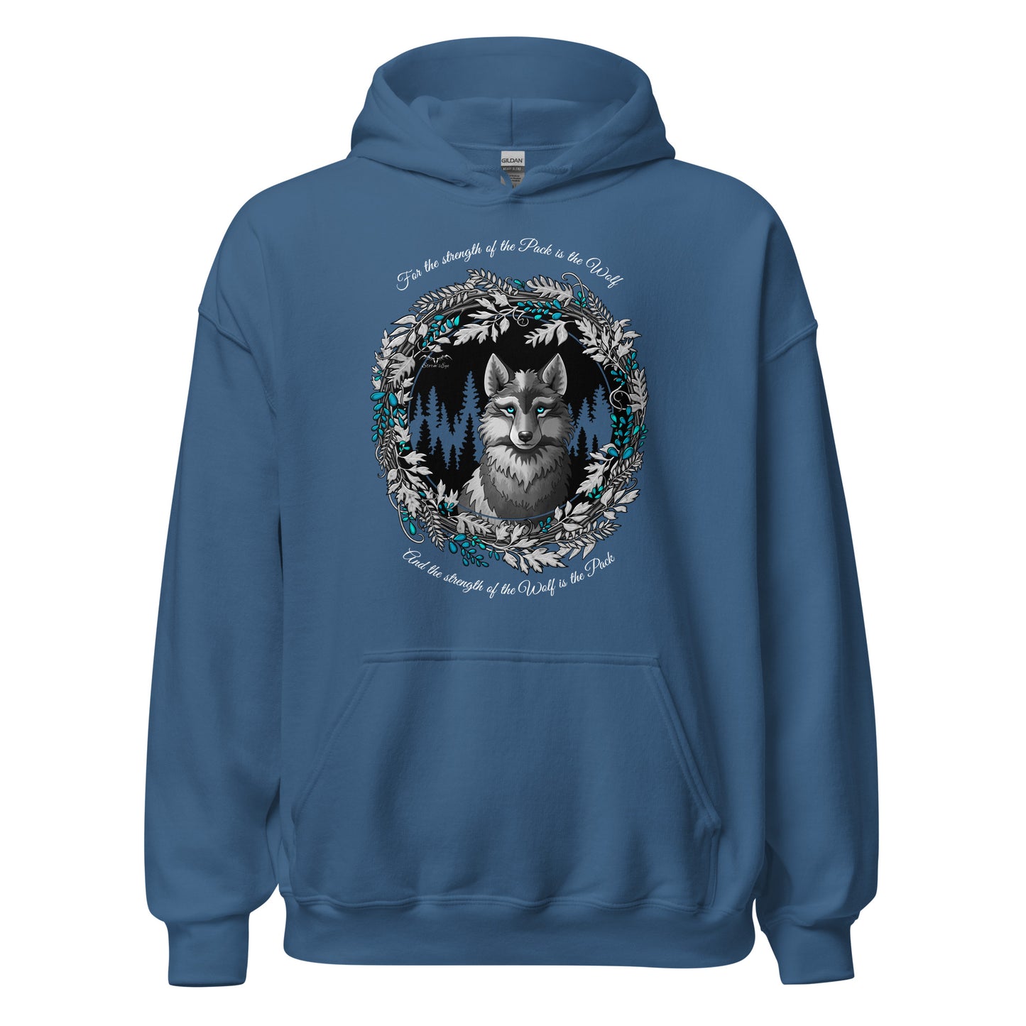stormseye design silver winter wolf hoodie flat view blue