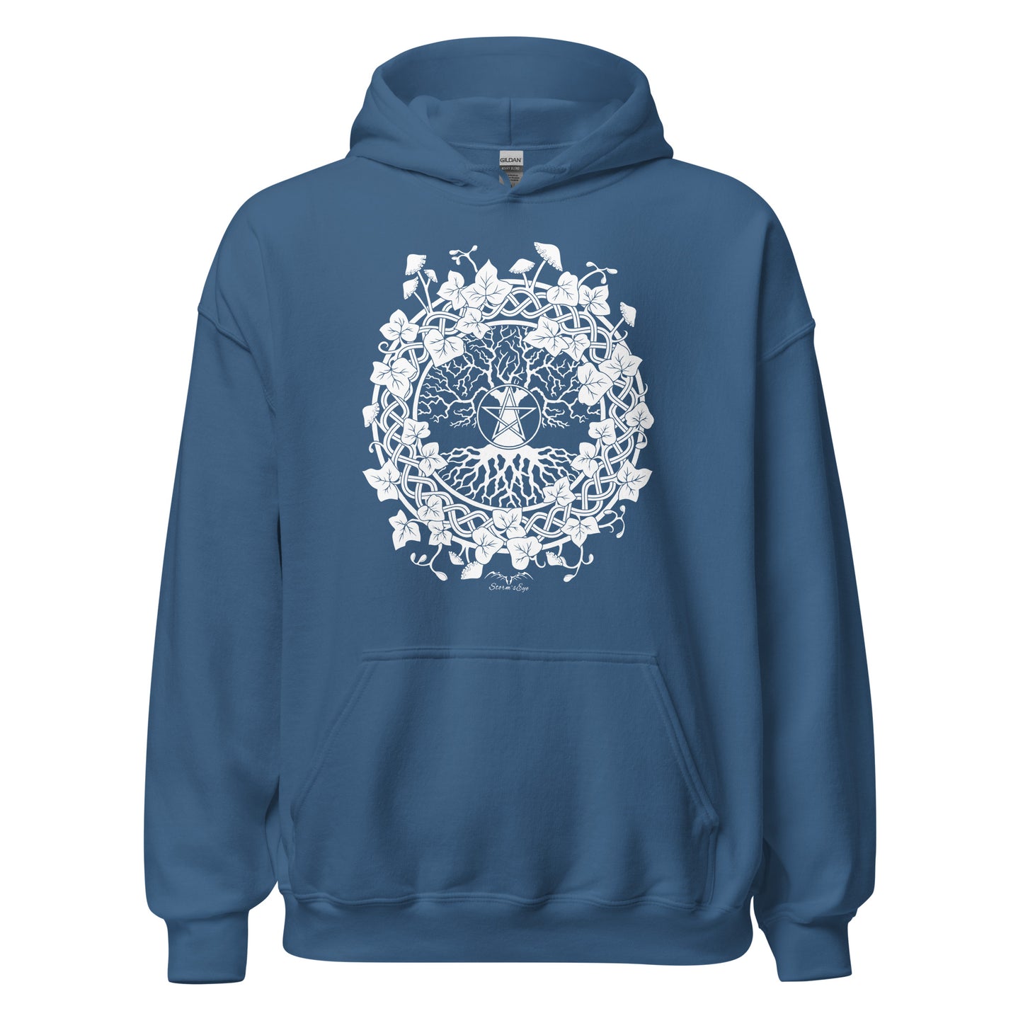 stormseye design pagan tree of life hoodie flat view blue