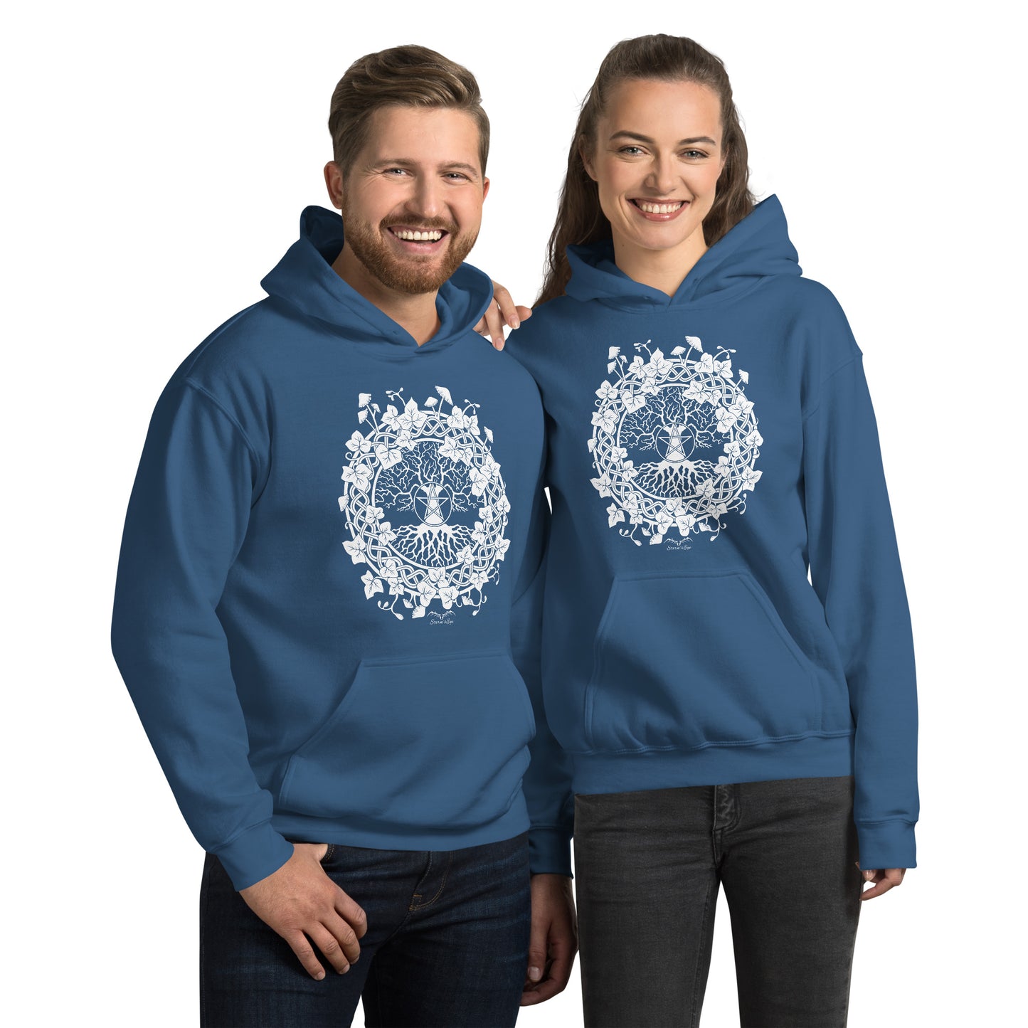 stormseye design pagan tree of life hoodie flat view blue